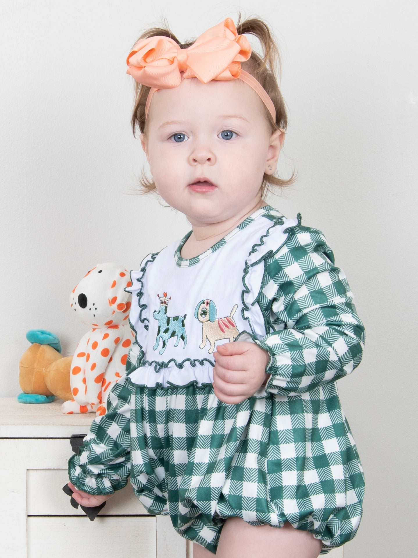 MNC Royal Pups™ Green Gingham Ruffle Romper - Marie Nicole Clothing