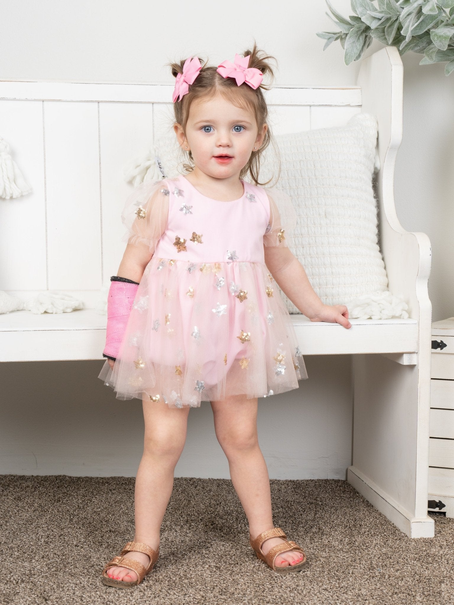 Pink Sequin Star Tulle Bubble Romper - Marie Nicole Clothing