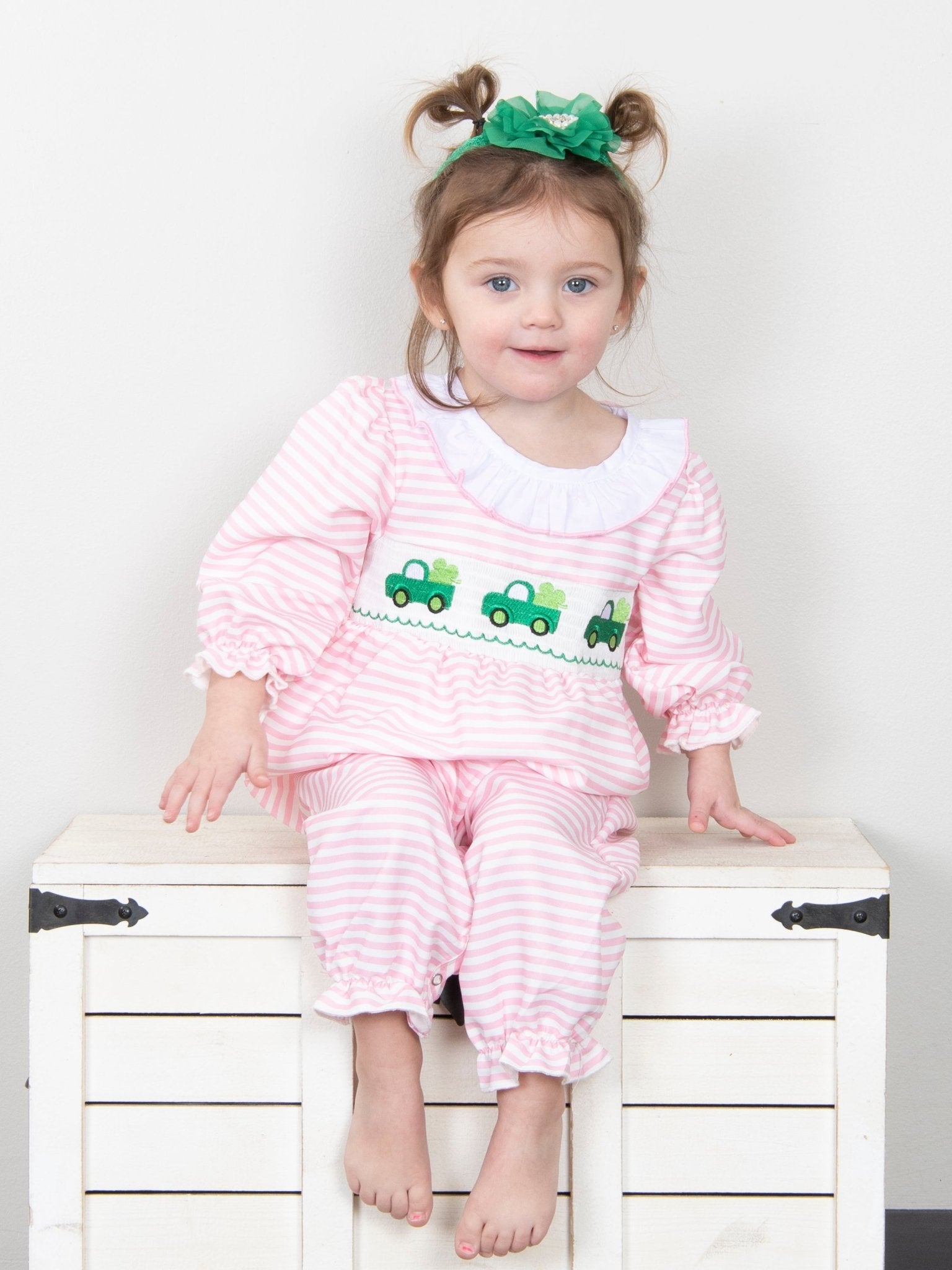 Clover Truck Smocked Ruffle Romper - Marie Nicole Clothing