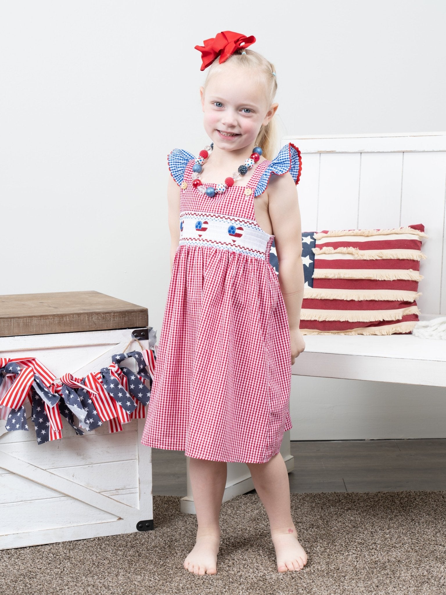 Red Gingham American Heart Smocked Dress - Marie Nicole Clothing