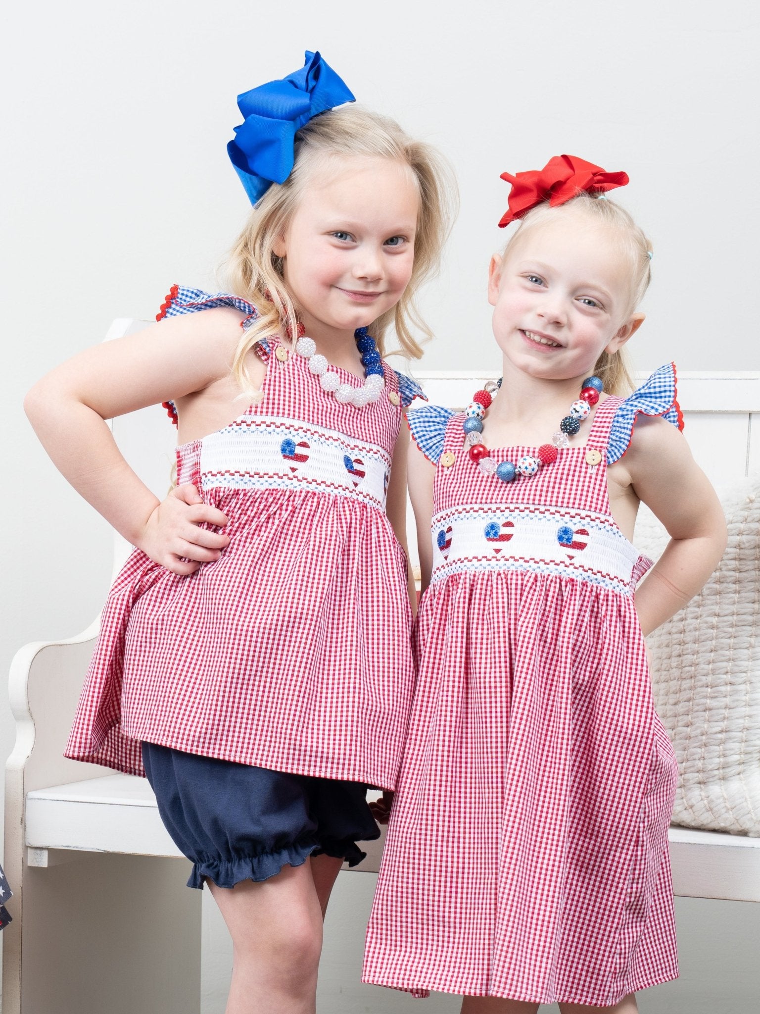 Red Gingham American Heart Smocked Outfit - Marie Nicole Clothing
