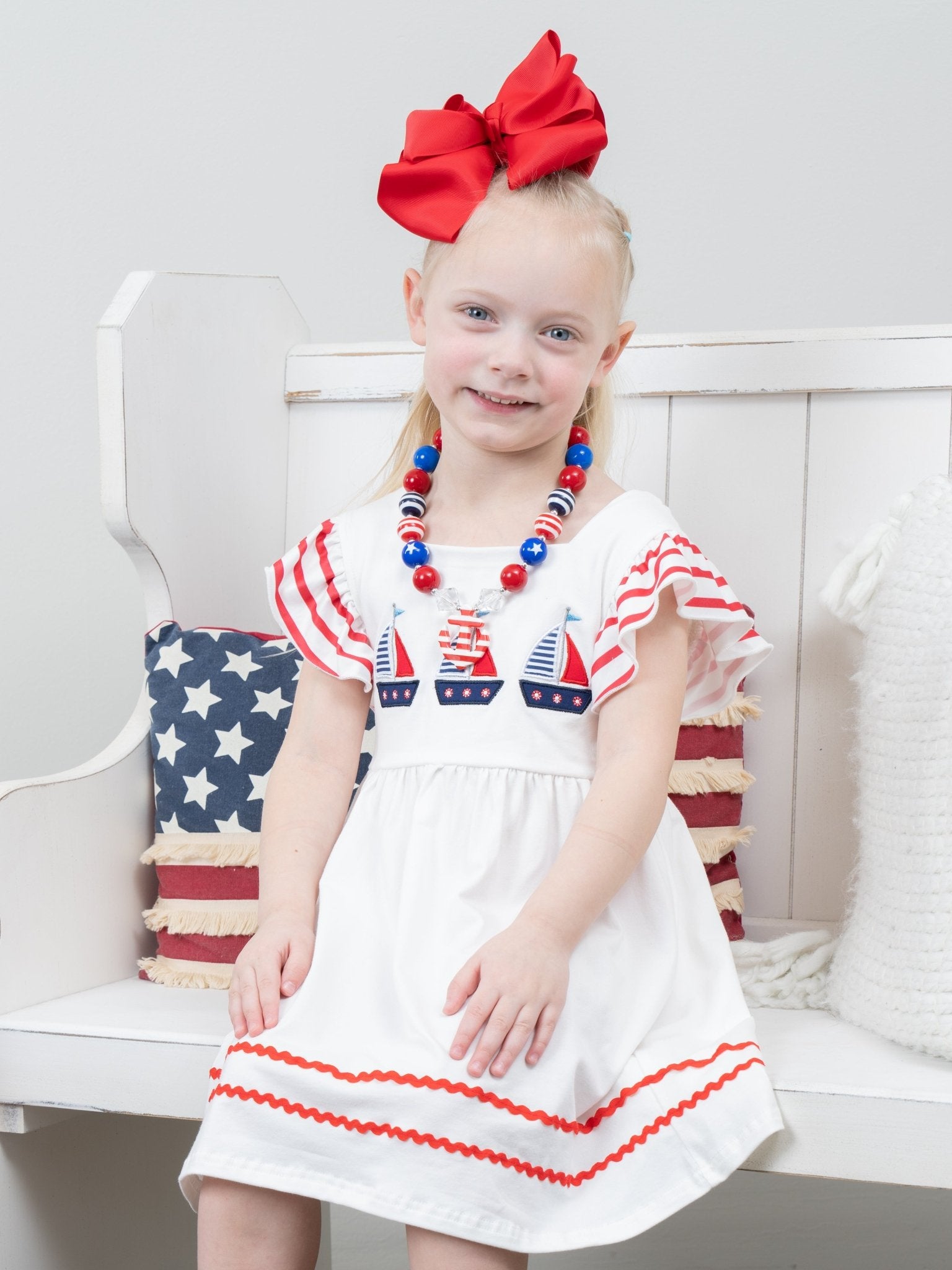 Red & Blue Sailboat Ruffle Dress - Marie Nicole Clothing