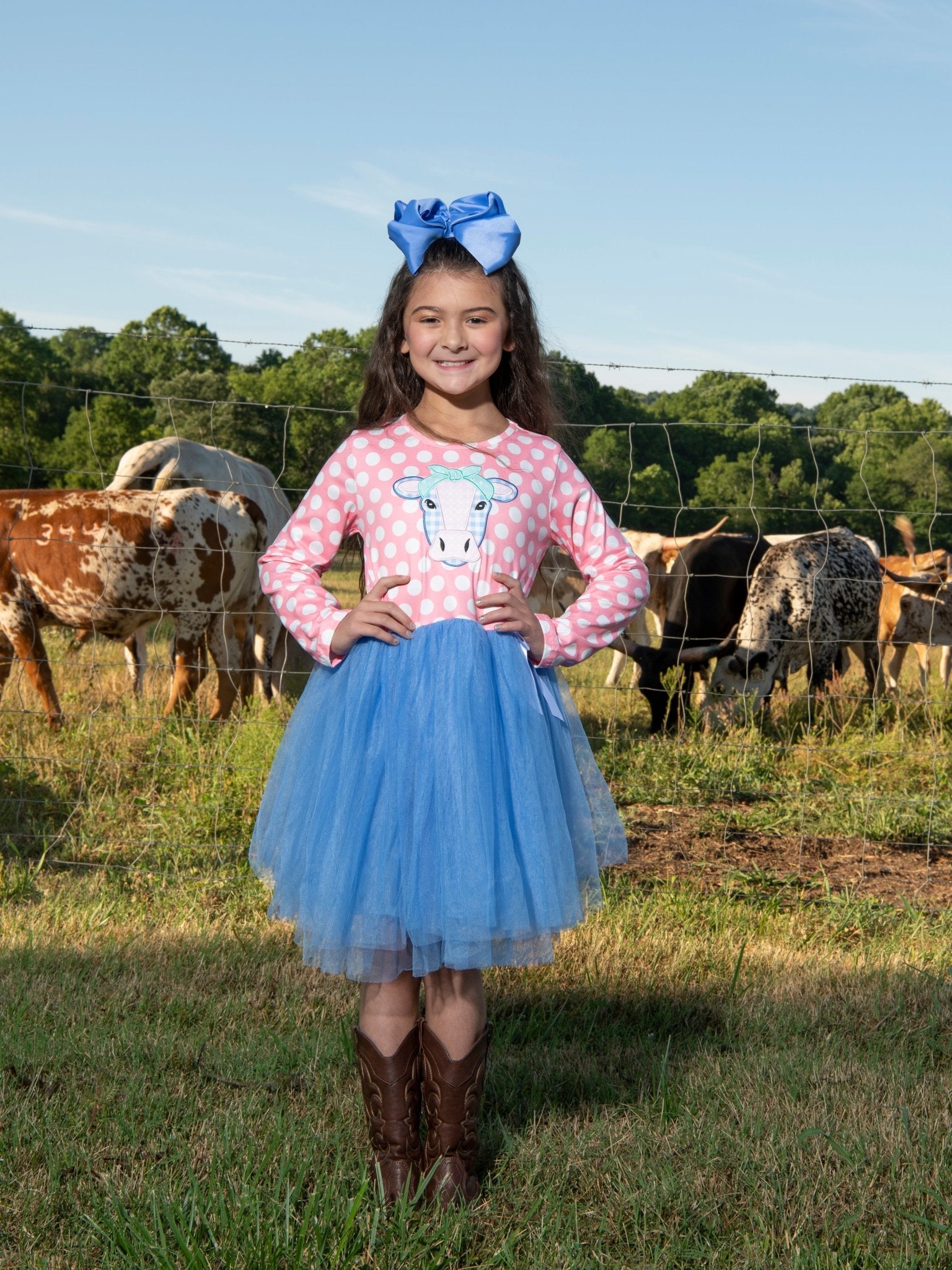 Pink Polka Dot Cow Tulle Dress - Marie Nicole Clothing