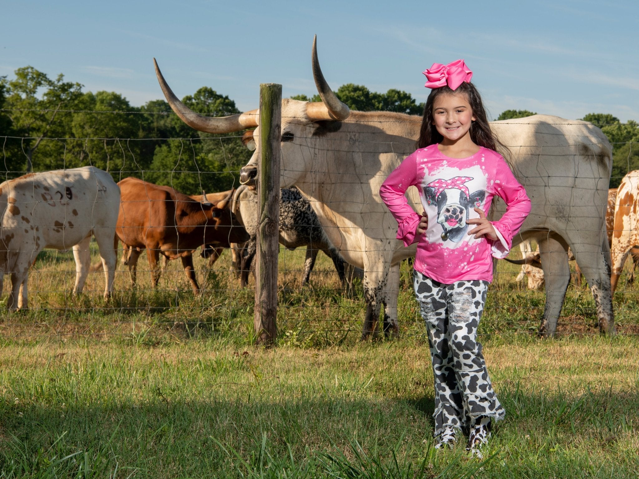 Pink Bleached Cow Top & Distressed Pants Outfit - Marie Nicole Clothing