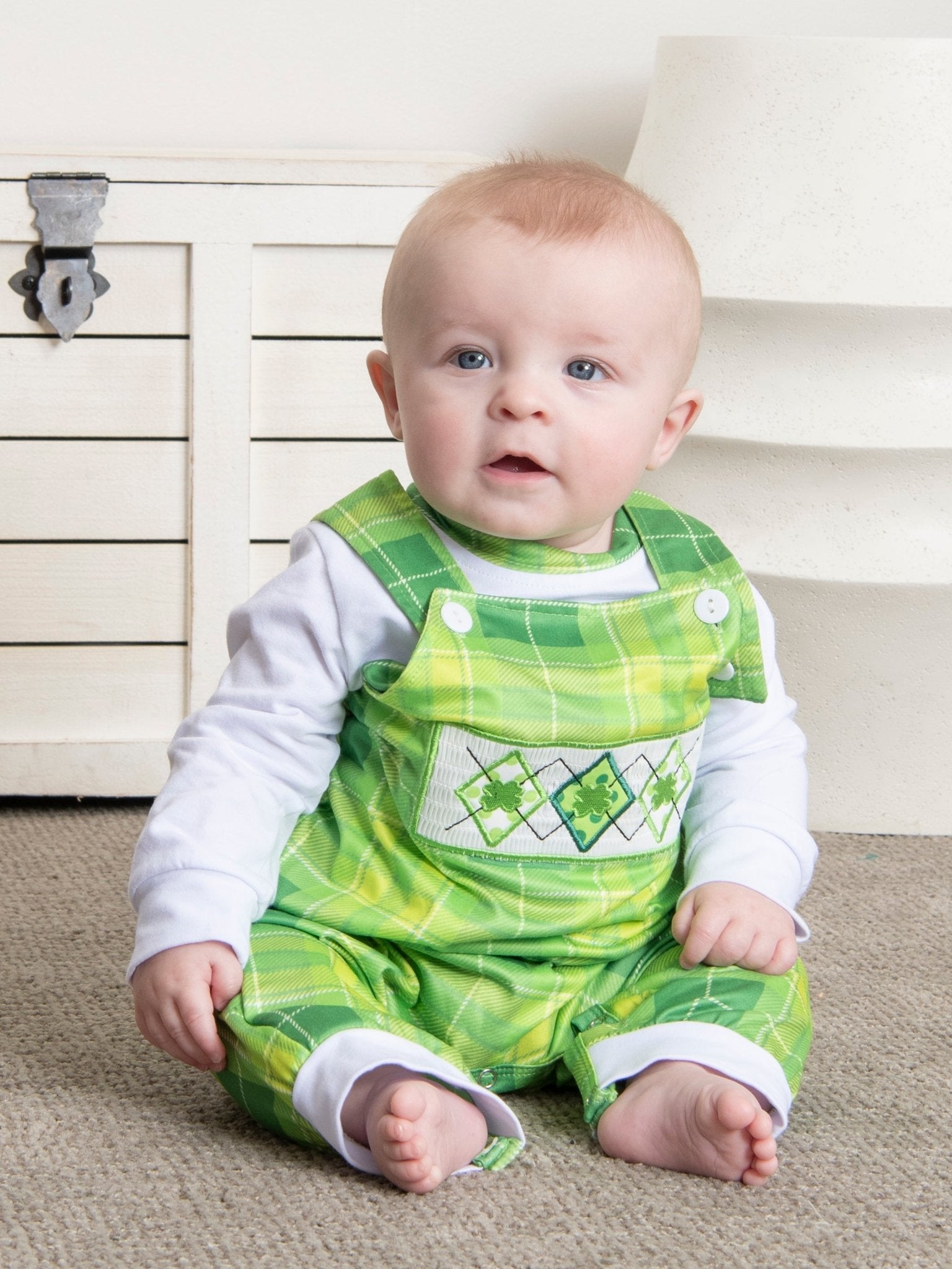 Green Plaid Smocked Clover Overall Romper - Marie Nicole Clothing