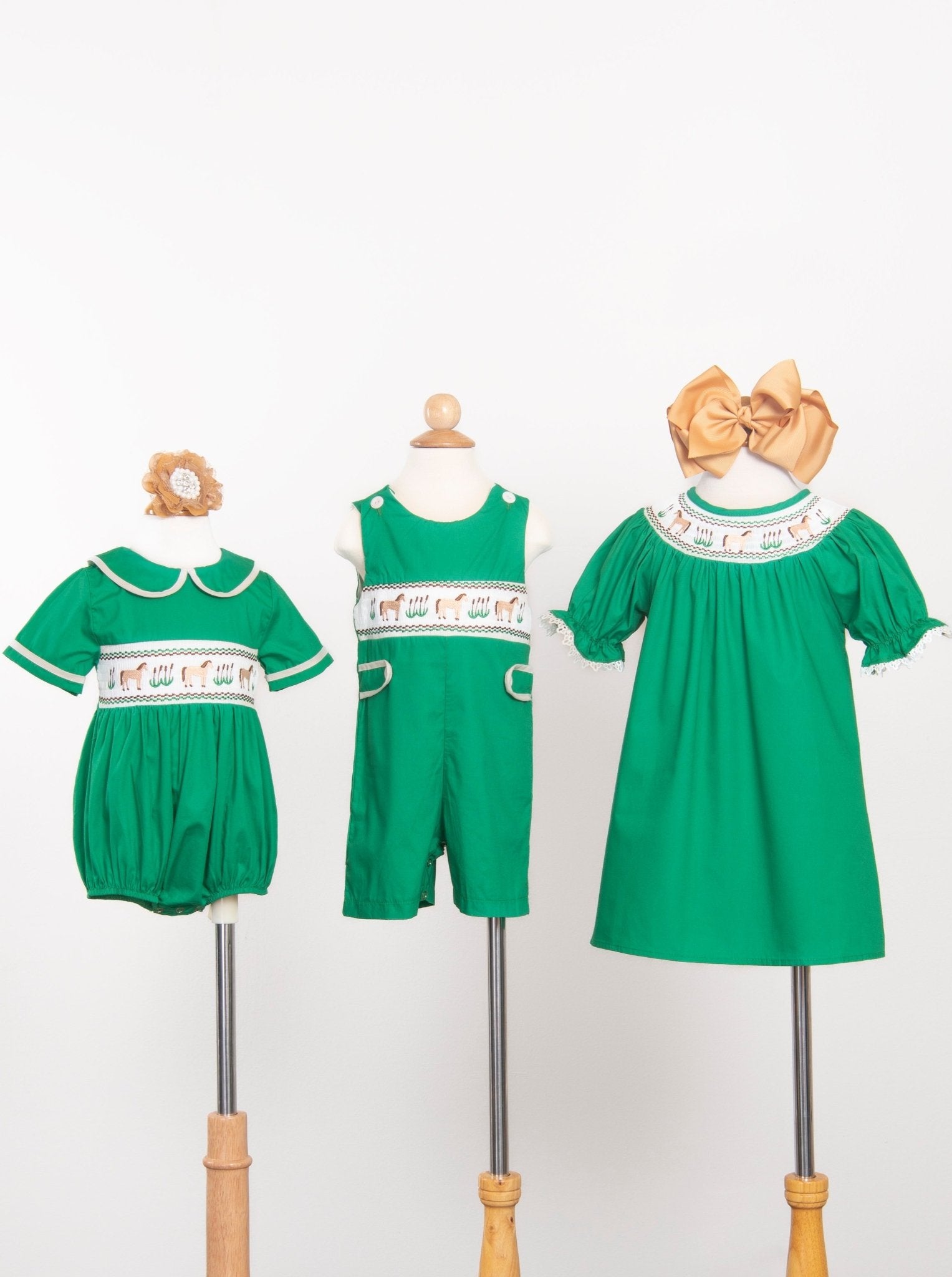 Green Smocked Horse Vintage Romper - Marie Nicole Clothing