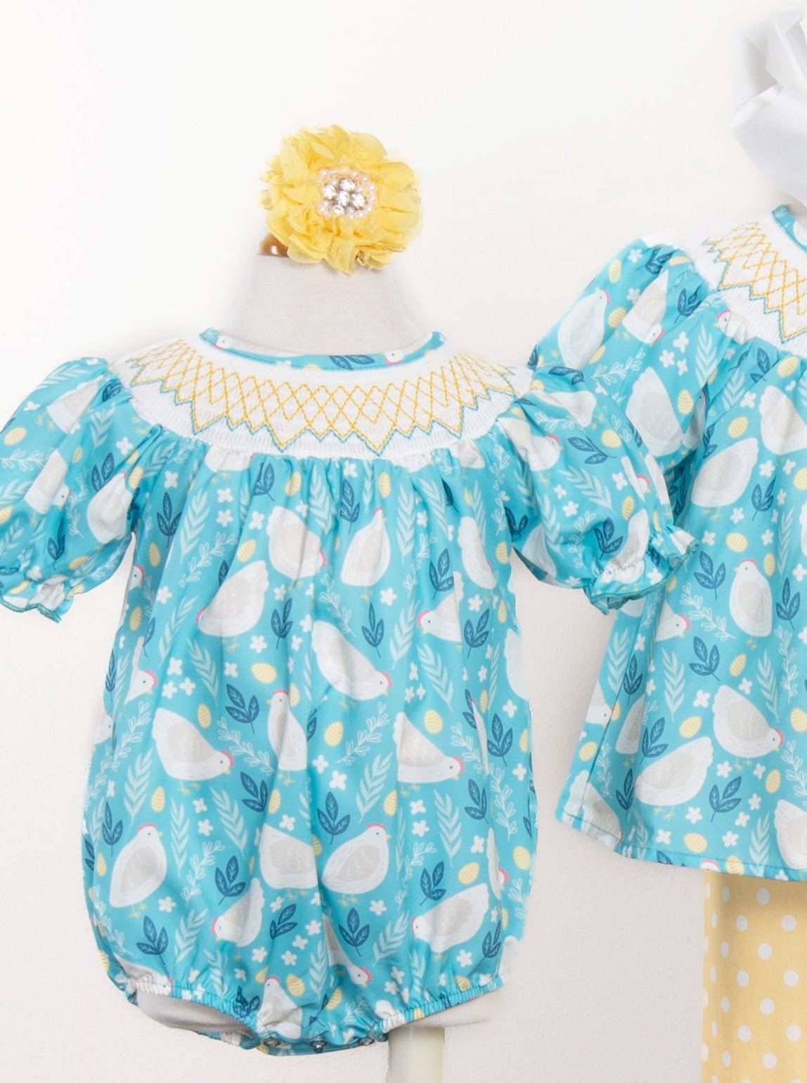 Sky Blue Smocked Chicken Romper - Marie Nicole Clothing