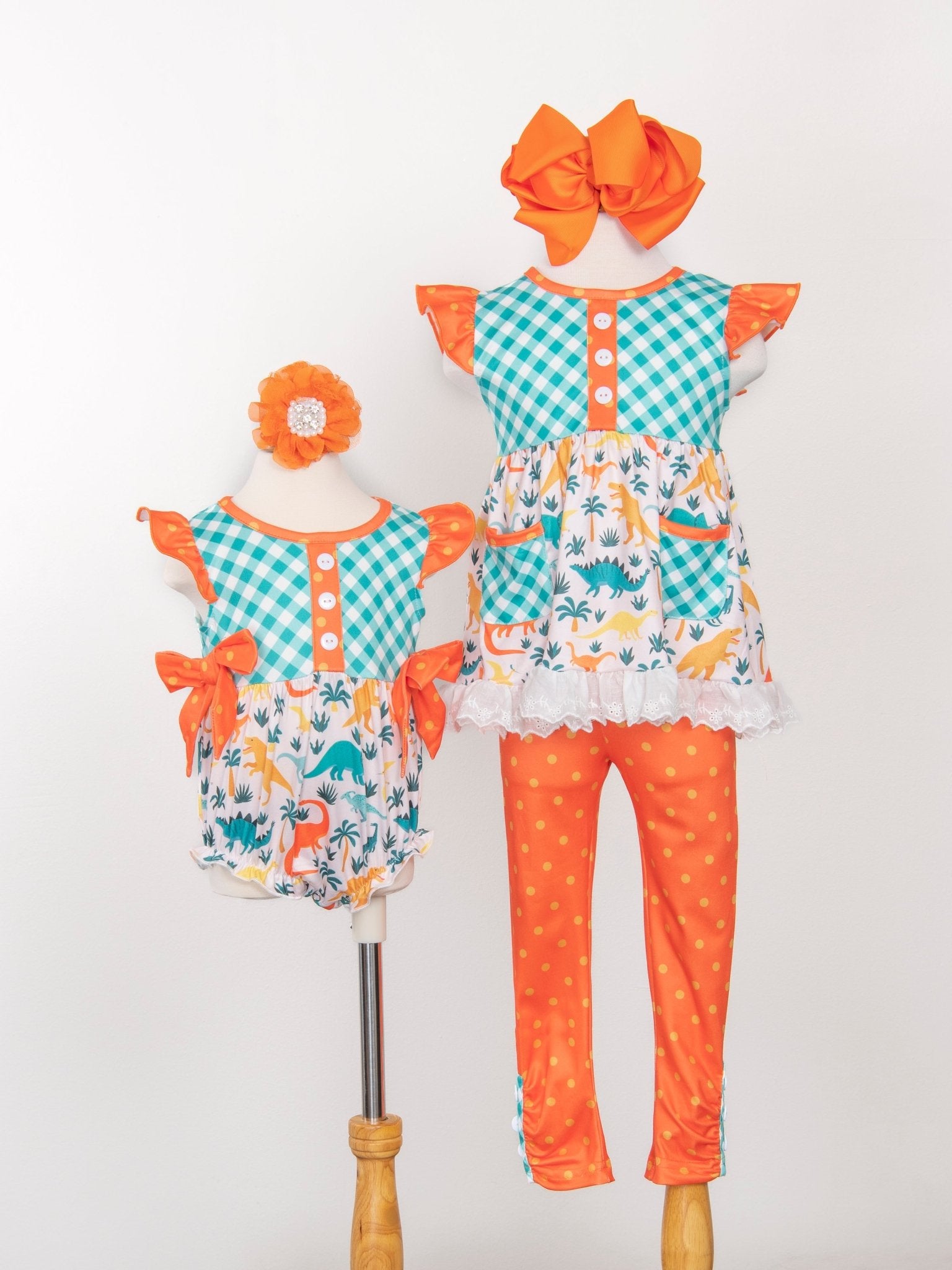 Teal Gingham Dinosaur Ruffle Pocket Outfit - Marie Nicole Clothing