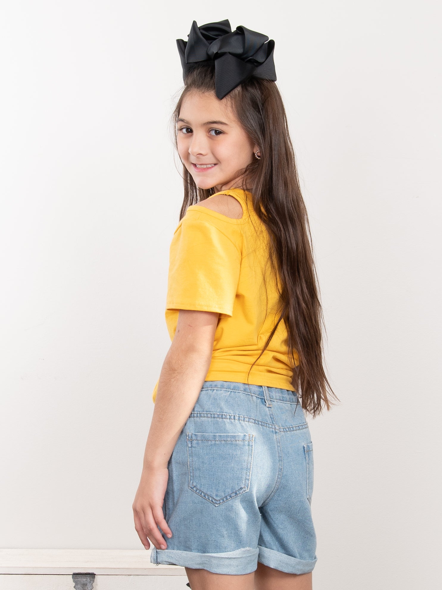 Yellow "Smile" Tie Top & Denim Shorts Outfit - Marie Nicole Clothing