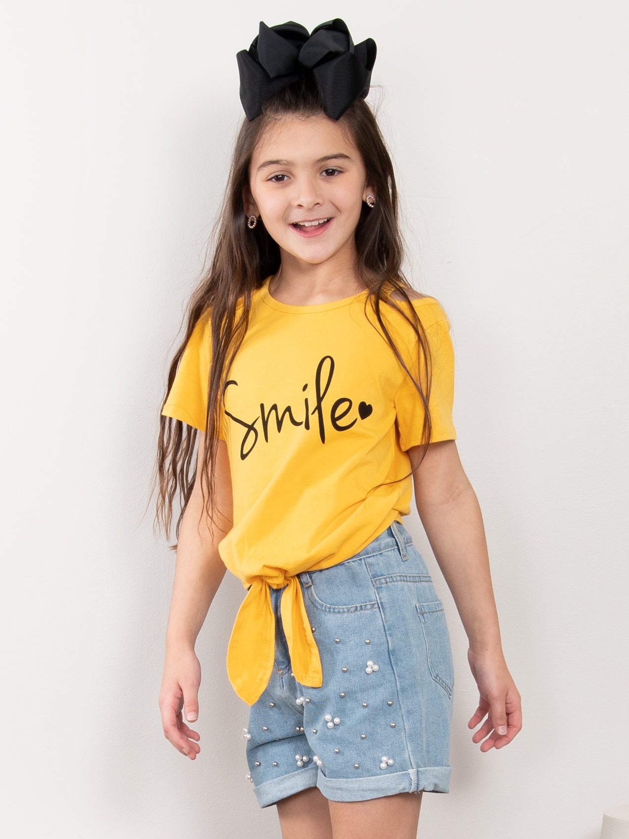 Yellow "Smile" Tie Top & Denim Shorts Outfit - Marie Nicole Clothing