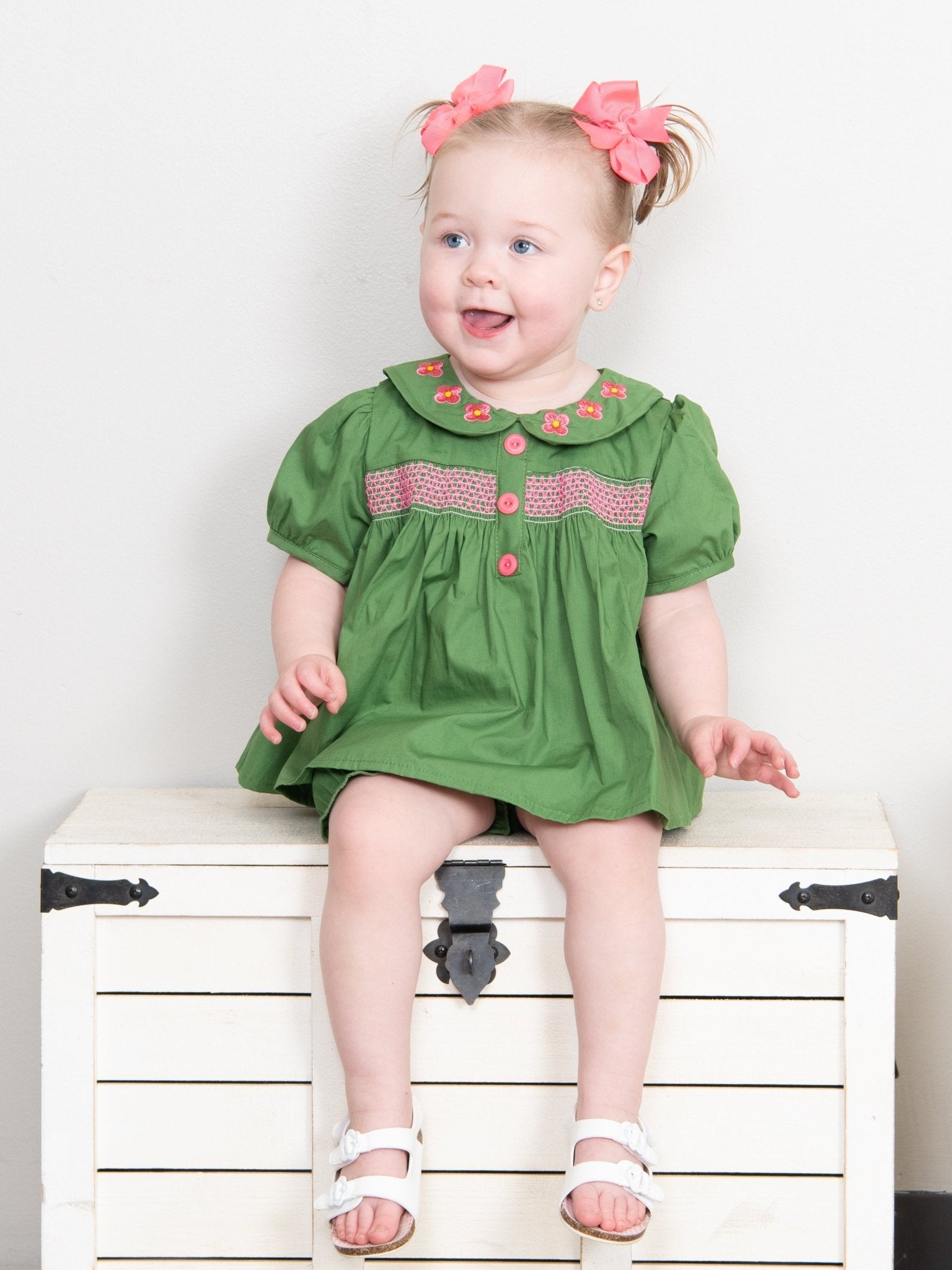 Green Smocked Vintage Flower Top & Bloomers Set - Marie Nicole Clothing