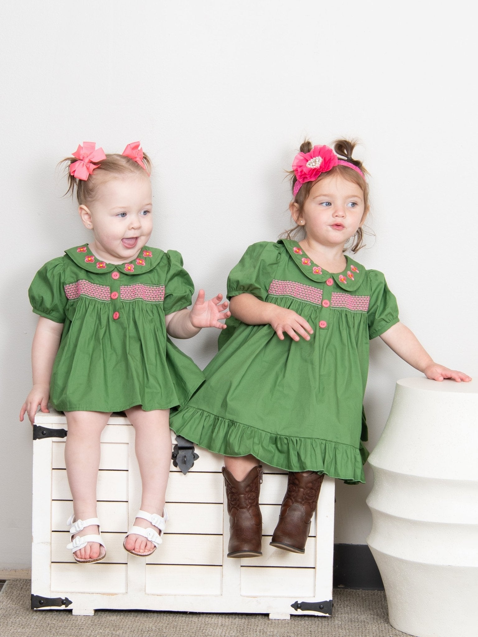 Green Smocked Vintage Flower Top & Bloomers Set - Marie Nicole Clothing