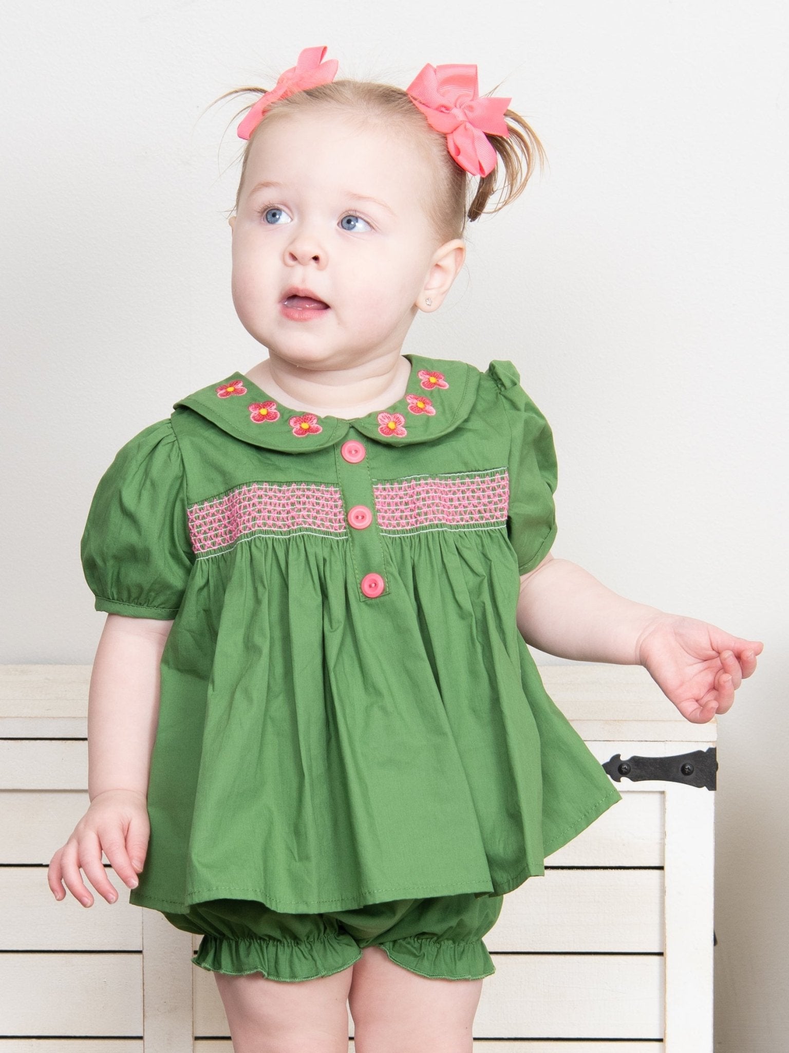 Green Smocked Vintage Flower Top & Bloomers Set - Marie Nicole Clothing