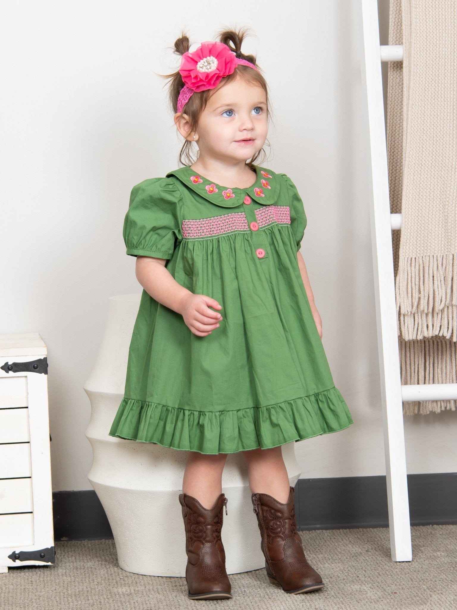 Green Smocked Vintage Flower Ruffle Dress - Marie Nicole Clothing
