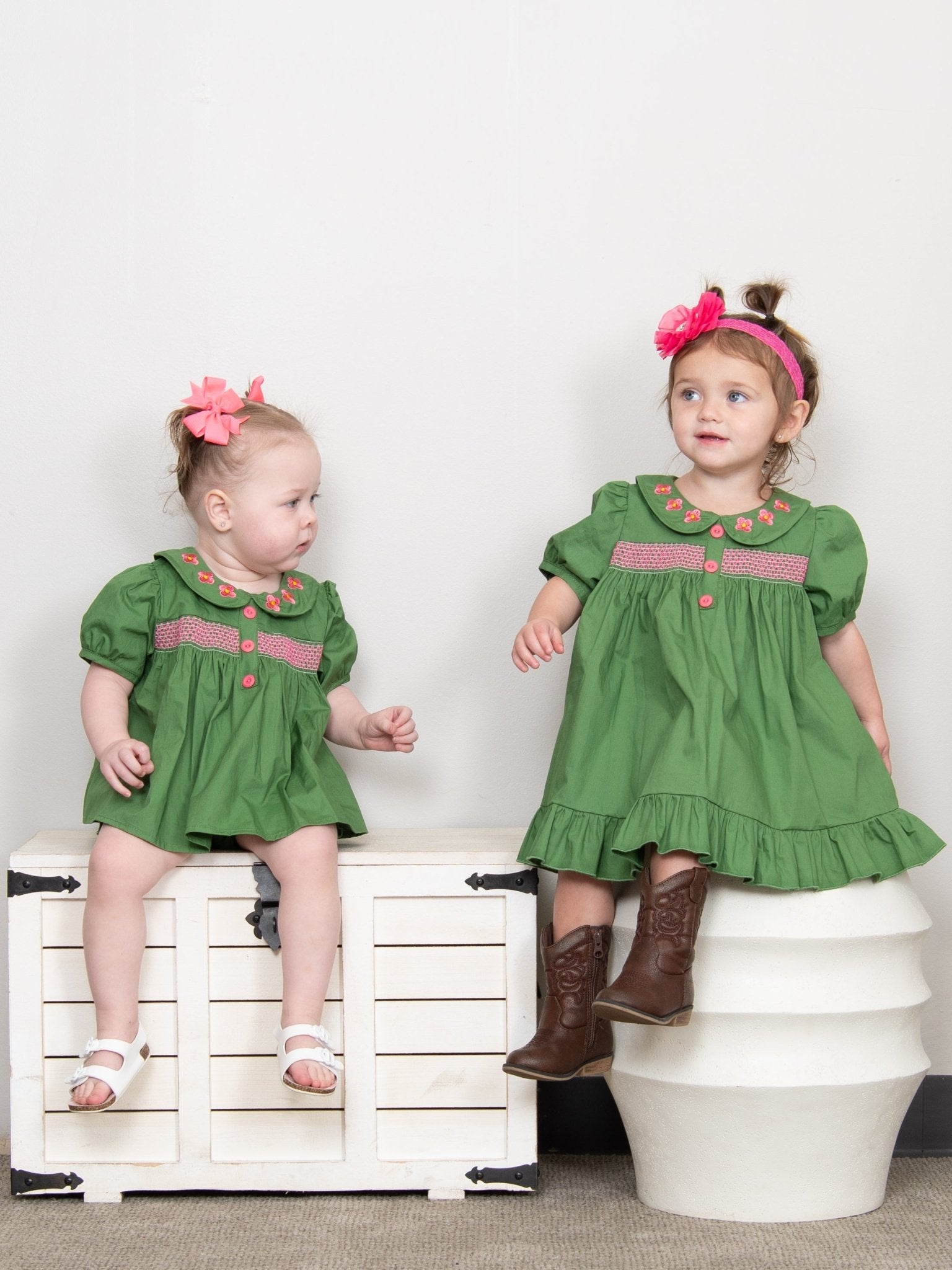 Green Smocked Vintage Flower Ruffle Dress - Marie Nicole Clothing