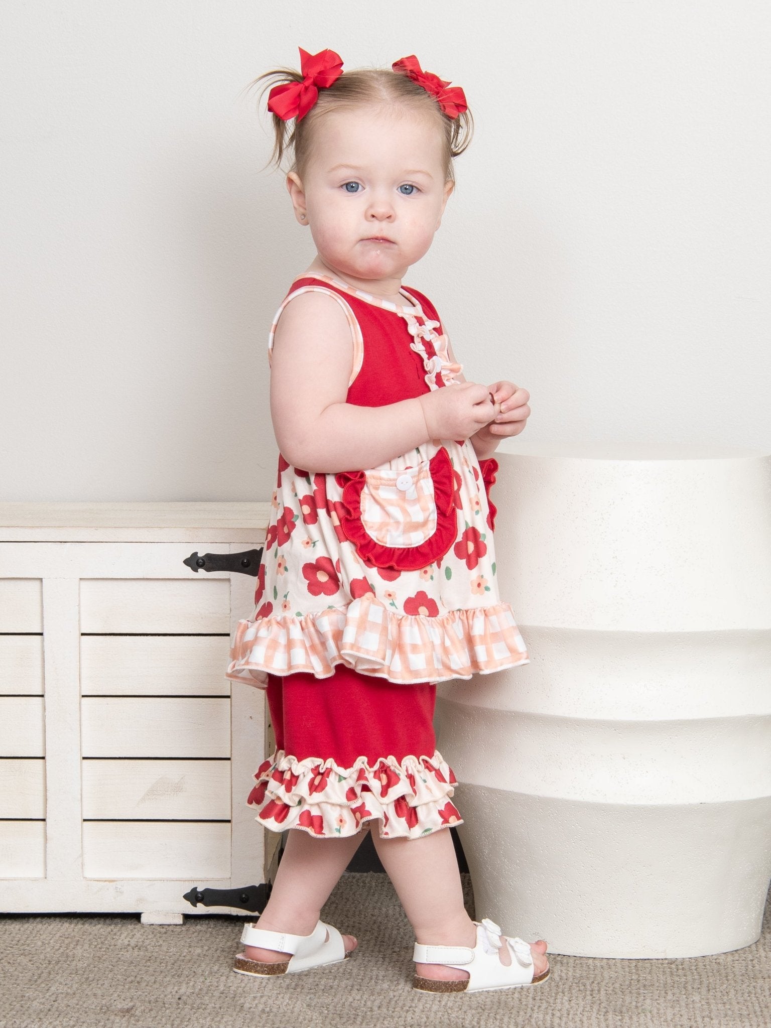 Red Poppy Pocket Tank & Ruffle Shorts Outfit - Marie Nicole Clothing