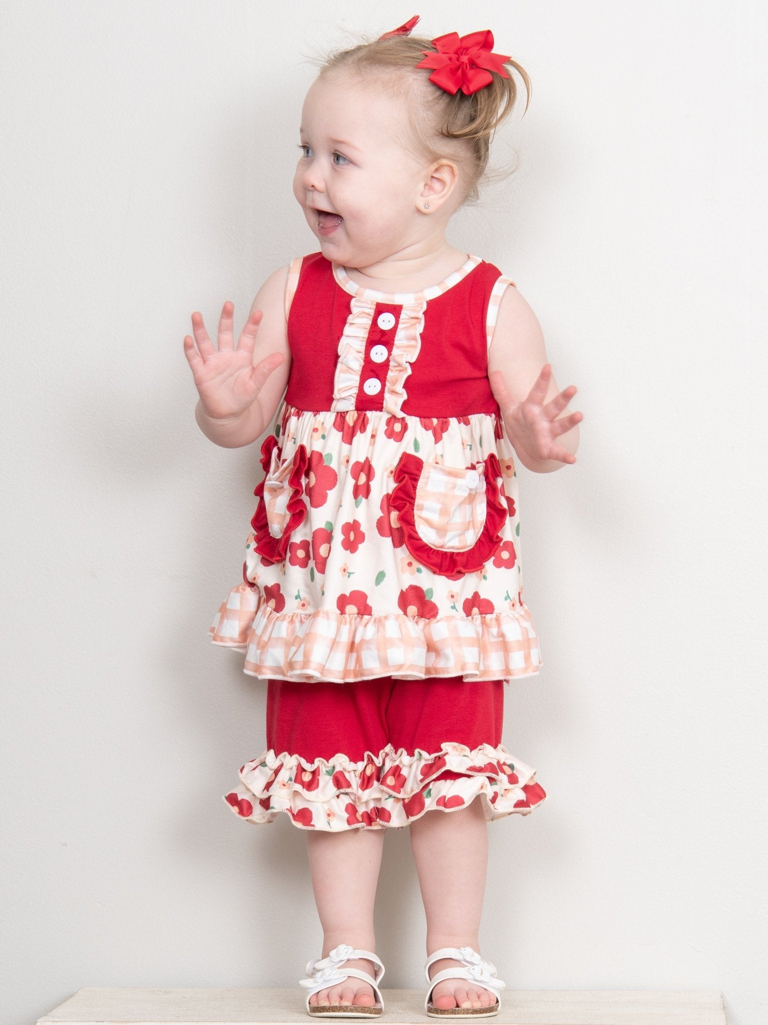 Red Poppy Pocket Tank & Ruffle Shorts Outfit - Marie Nicole Clothing