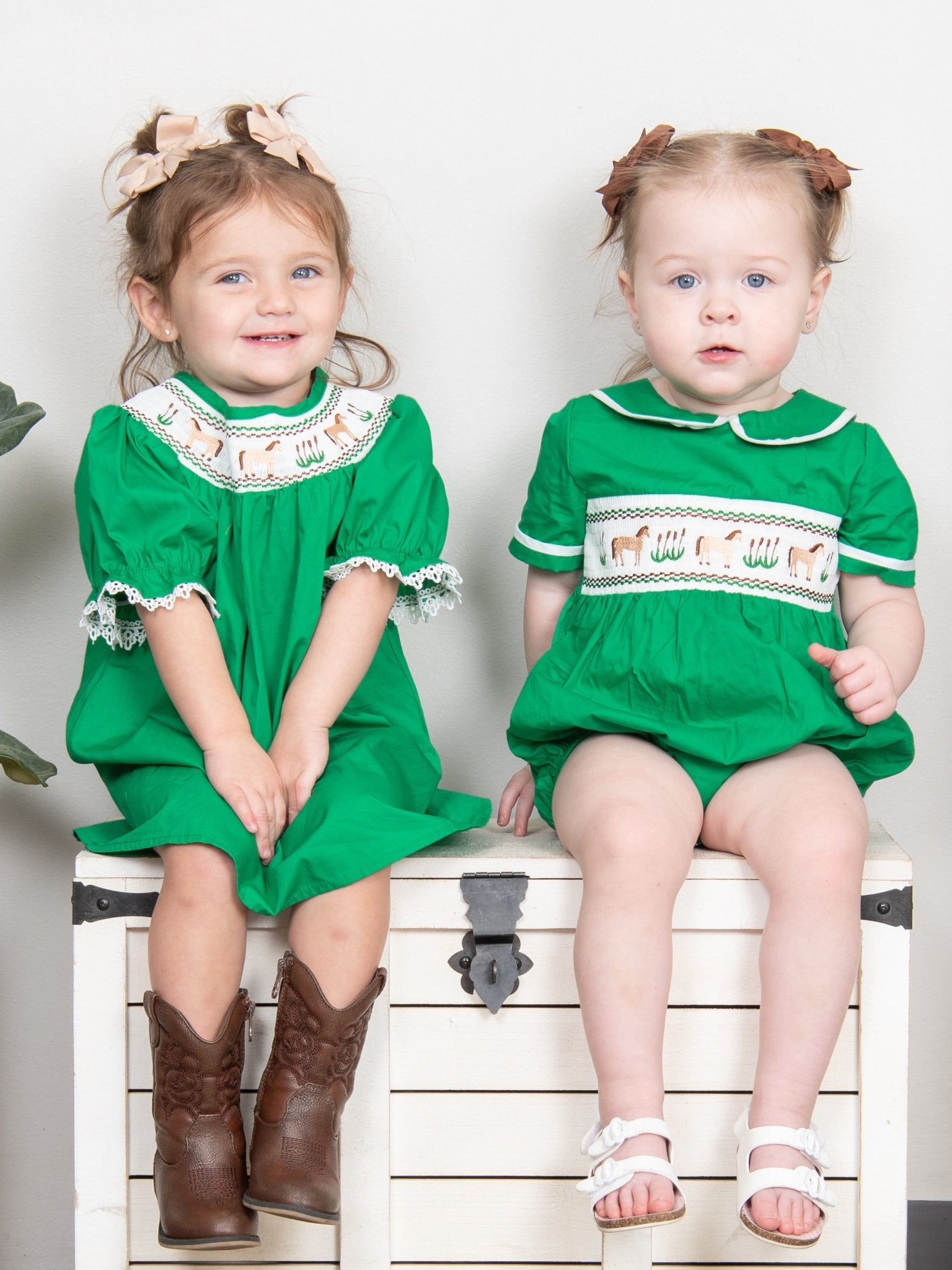 Green Smocked Horse Vintage Romper - Marie Nicole Clothing