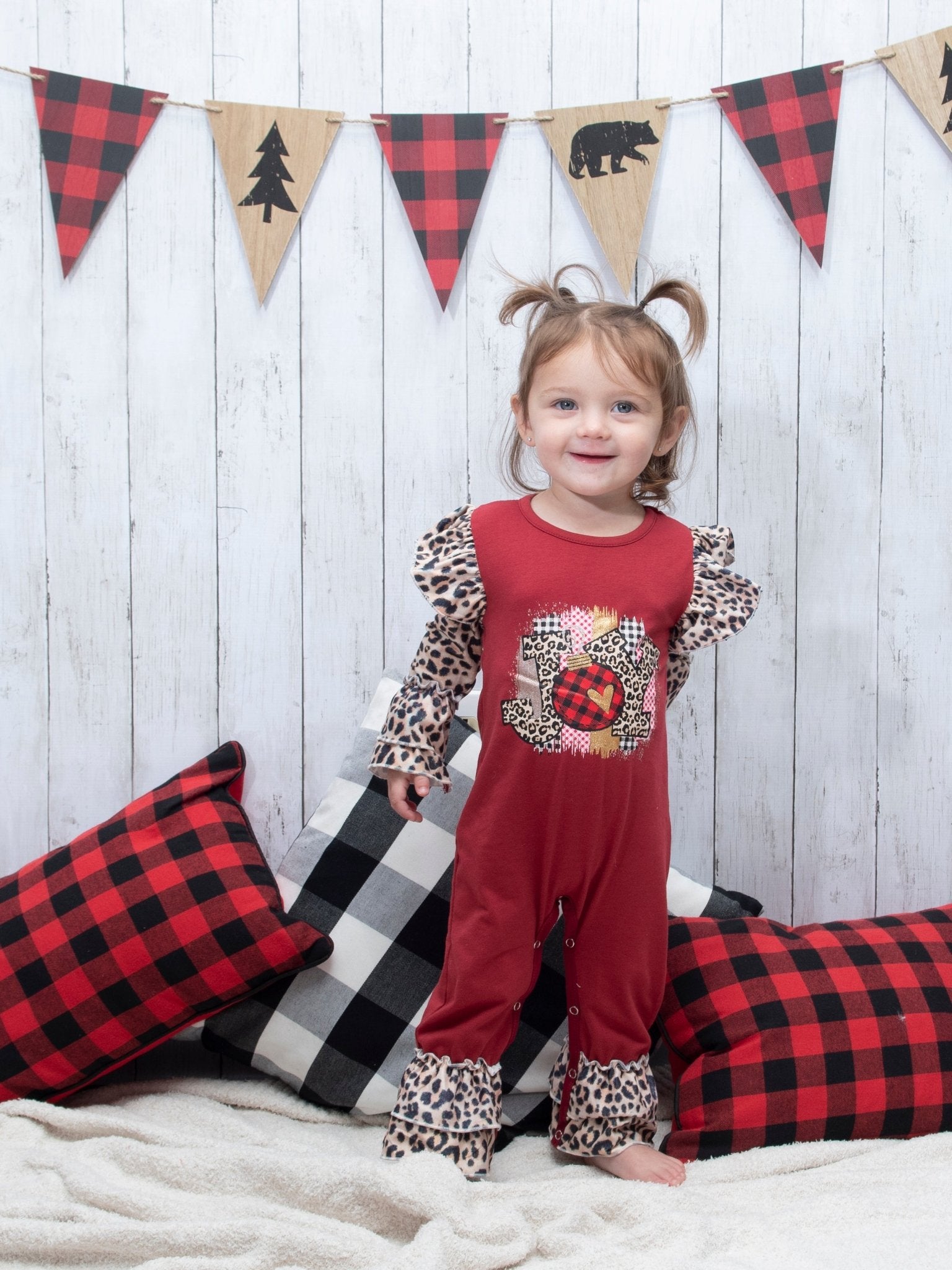 Burgundy "Joy" Leopard Ruffle Raglan Romper - Marie Nicole Clothing