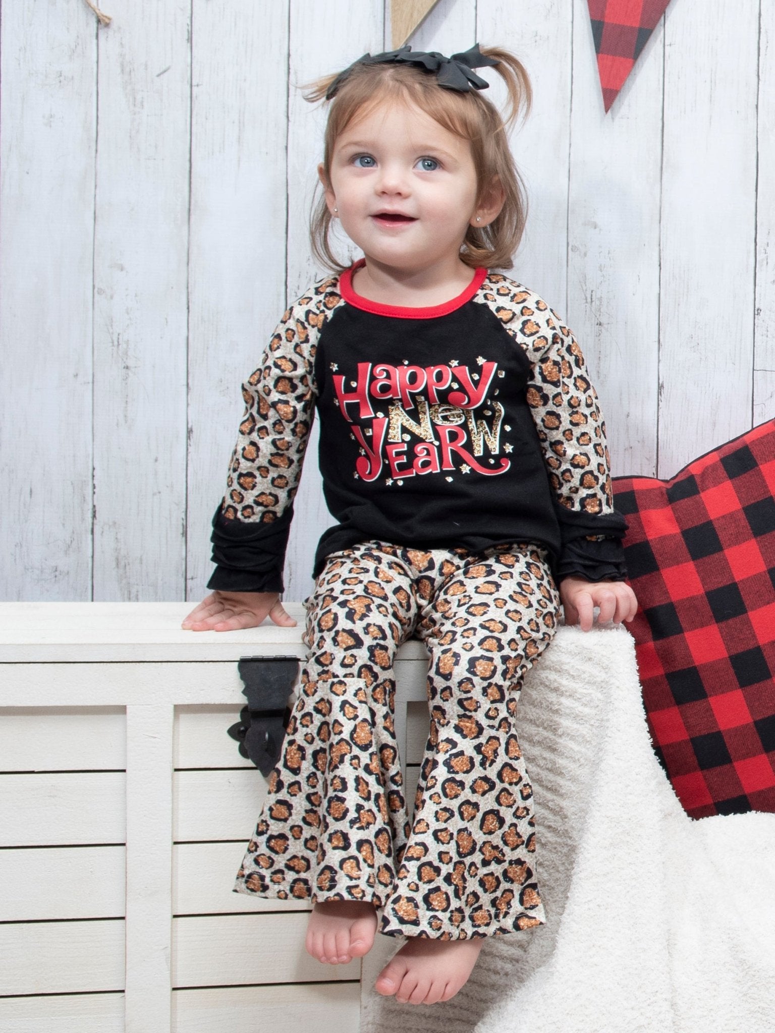 "Happy New Year" Leopard Raglan Ruffle Outfit - Marie Nicole Clothing