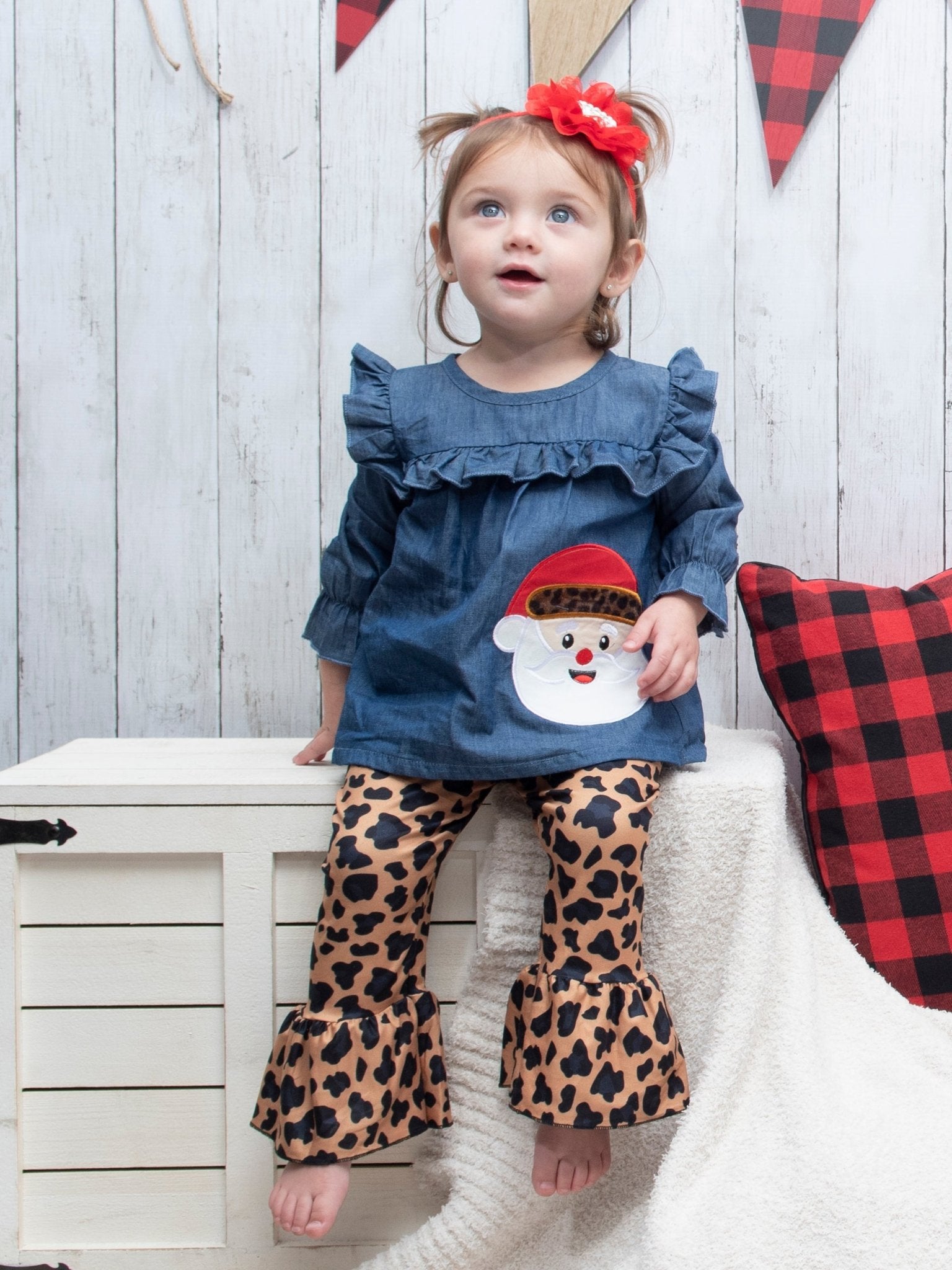 Chambray Leopard Santa Ruffle Outfit - Marie Nicole Clothing