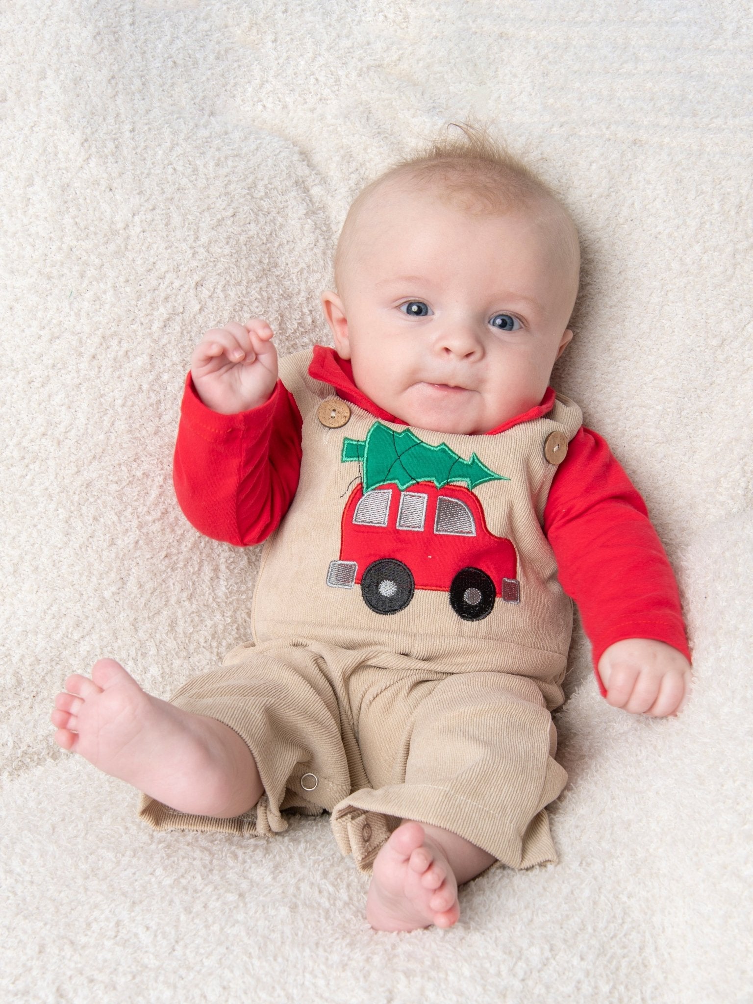 Red Polo & Christmas Tree Overall Outfit - Marie Nicole Clothing