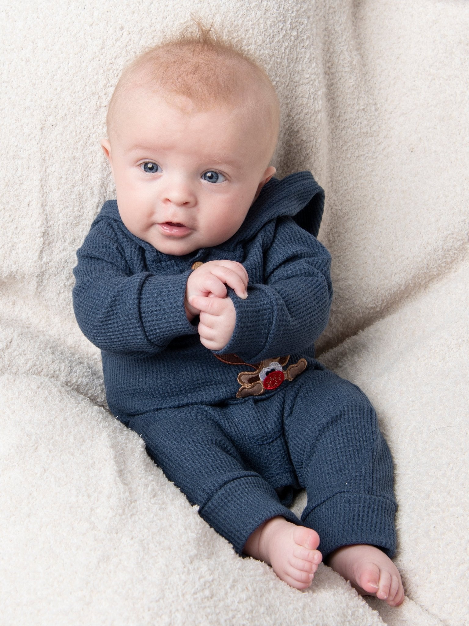 Spruce Blue Reindeer Pocket Hoodie Romper - Marie Nicole Clothing