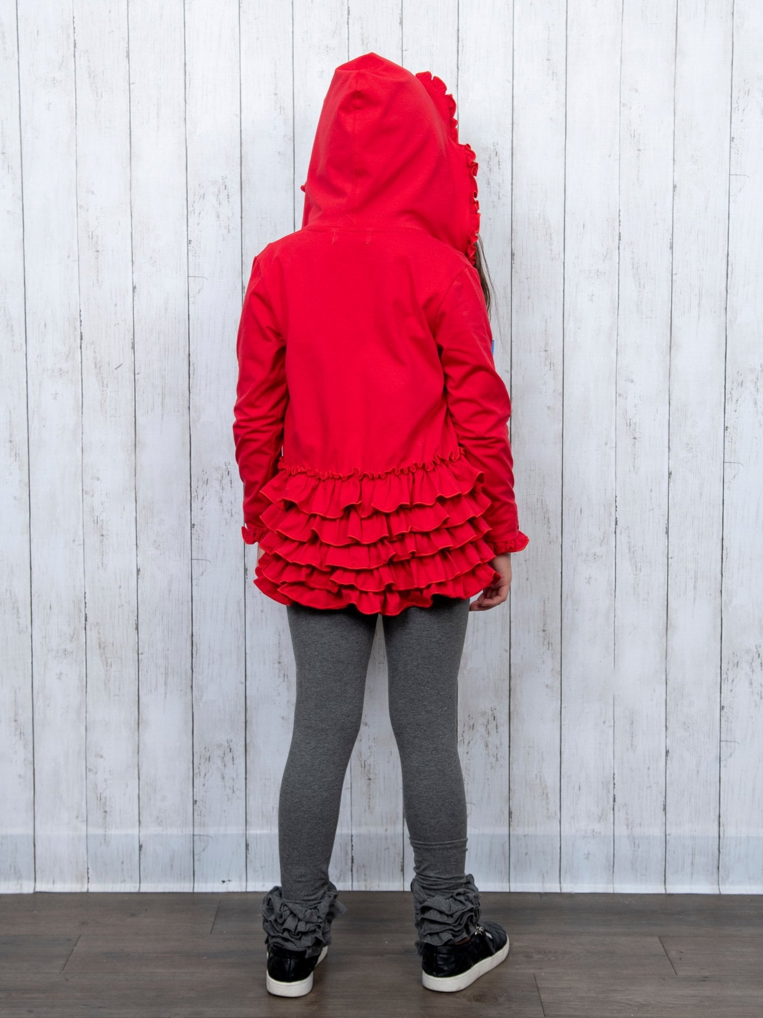 Cotton Ruffle Hooded Cardigan - Black & Red - Marie Nicole Clothing