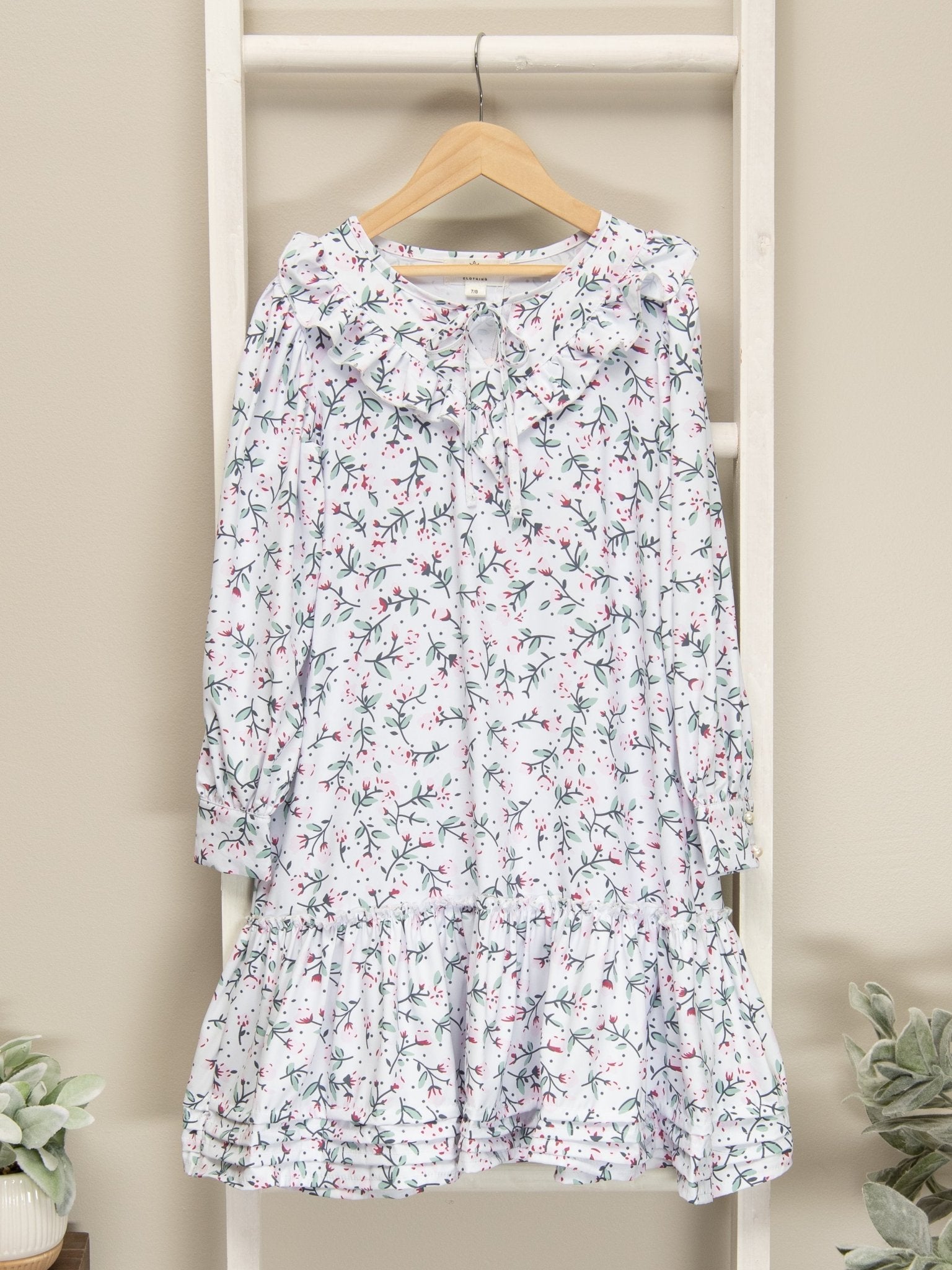 White Floral Mock Neck Ruffle Dress - Marie Nicole Clothing