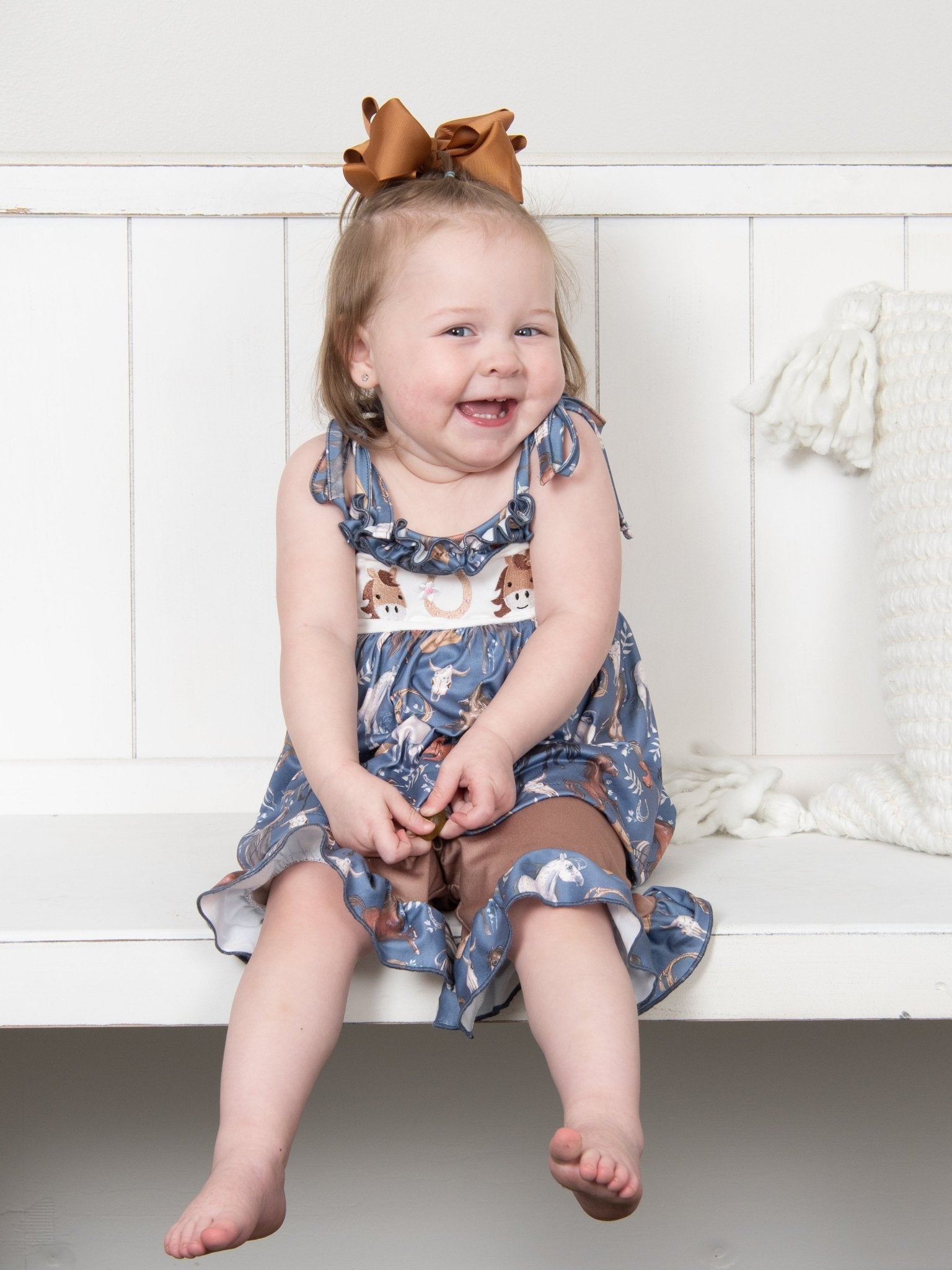Steel Blue Horse Embroidered Ruffle Outfit - Marie Nicole Clothing