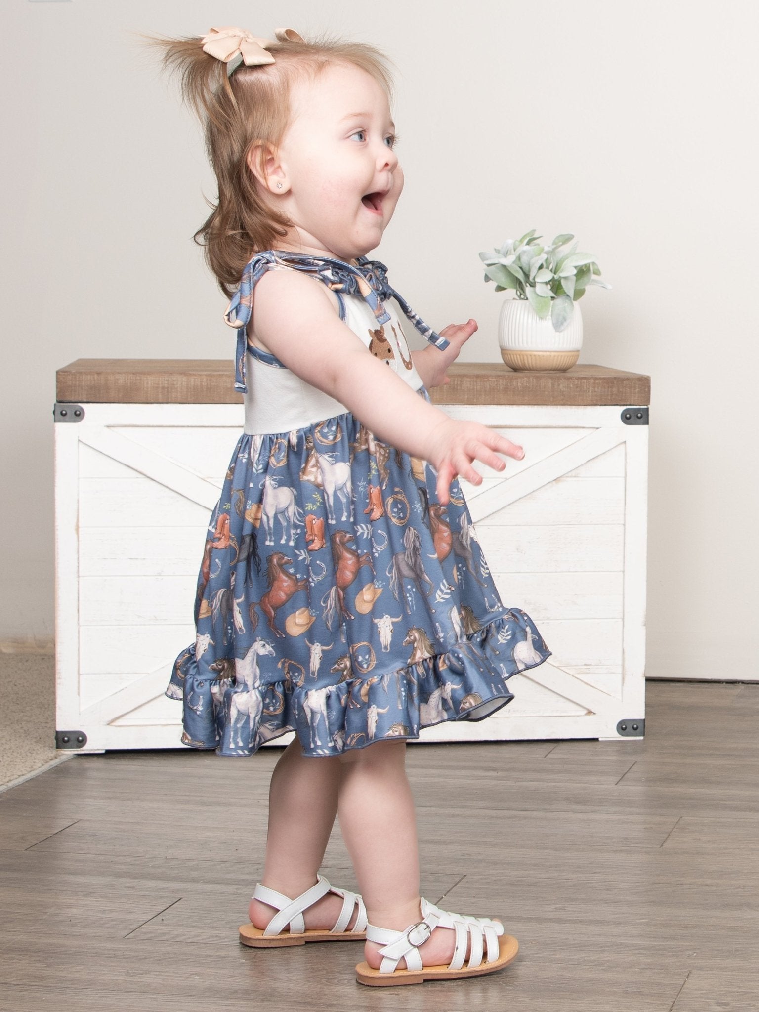 Steel Blue Horse Embroidered Ruffle Dress - Marie Nicole Clothing