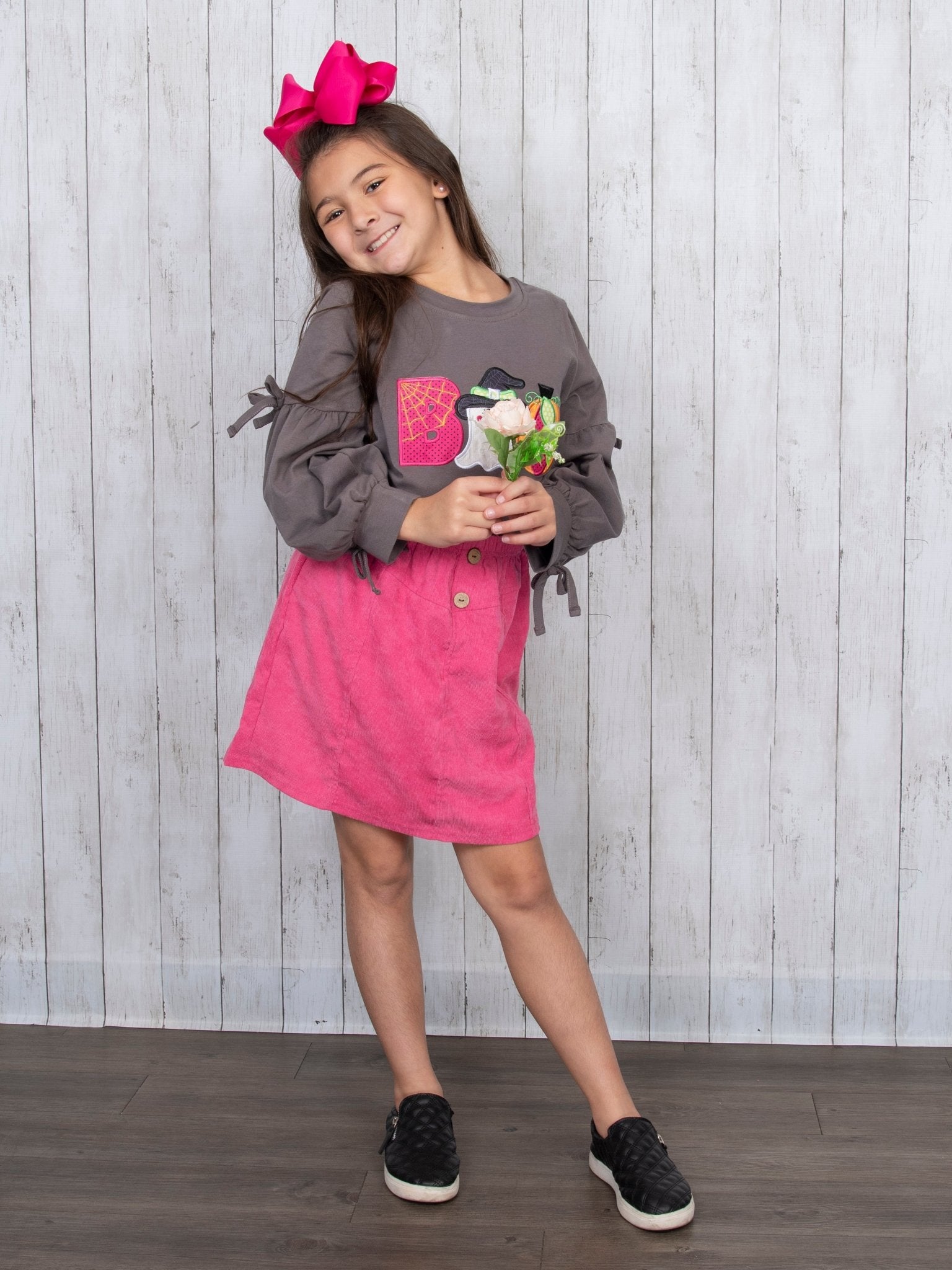 Grey "BOO" Long Sleeve & Fuchsia Skirt Outfit - Marie Nicole Clothing