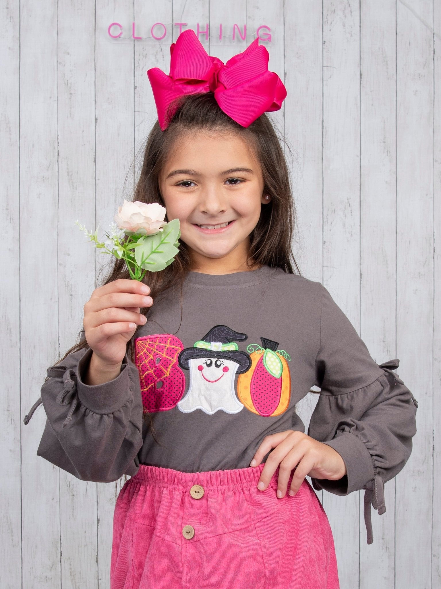 Grey "BOO" Long Sleeve & Fuchsia Skirt Outfit - Marie Nicole Clothing