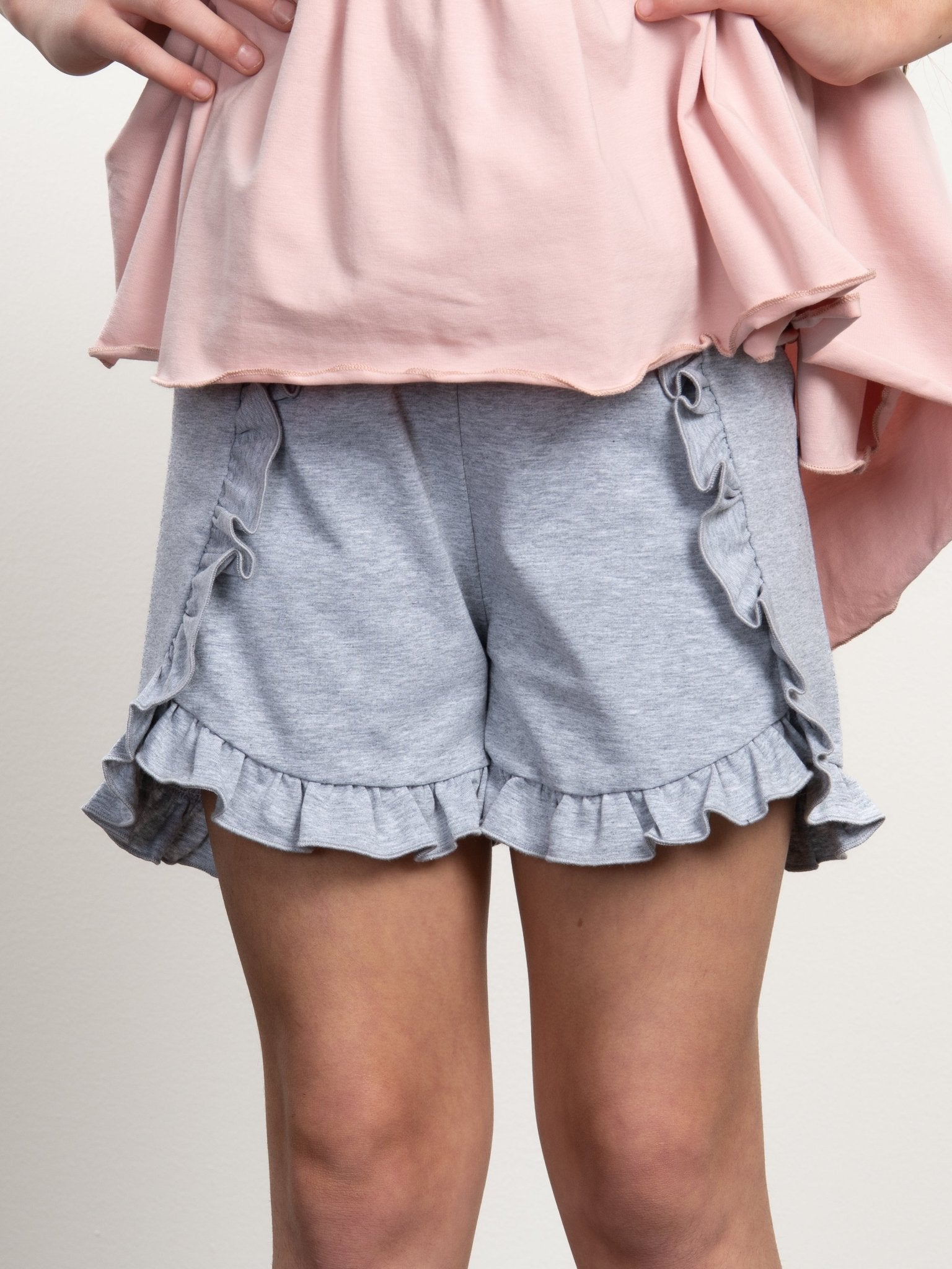 Heather Grey Ruffle Trim Cotton Shorts - Marie Nicole Clothing