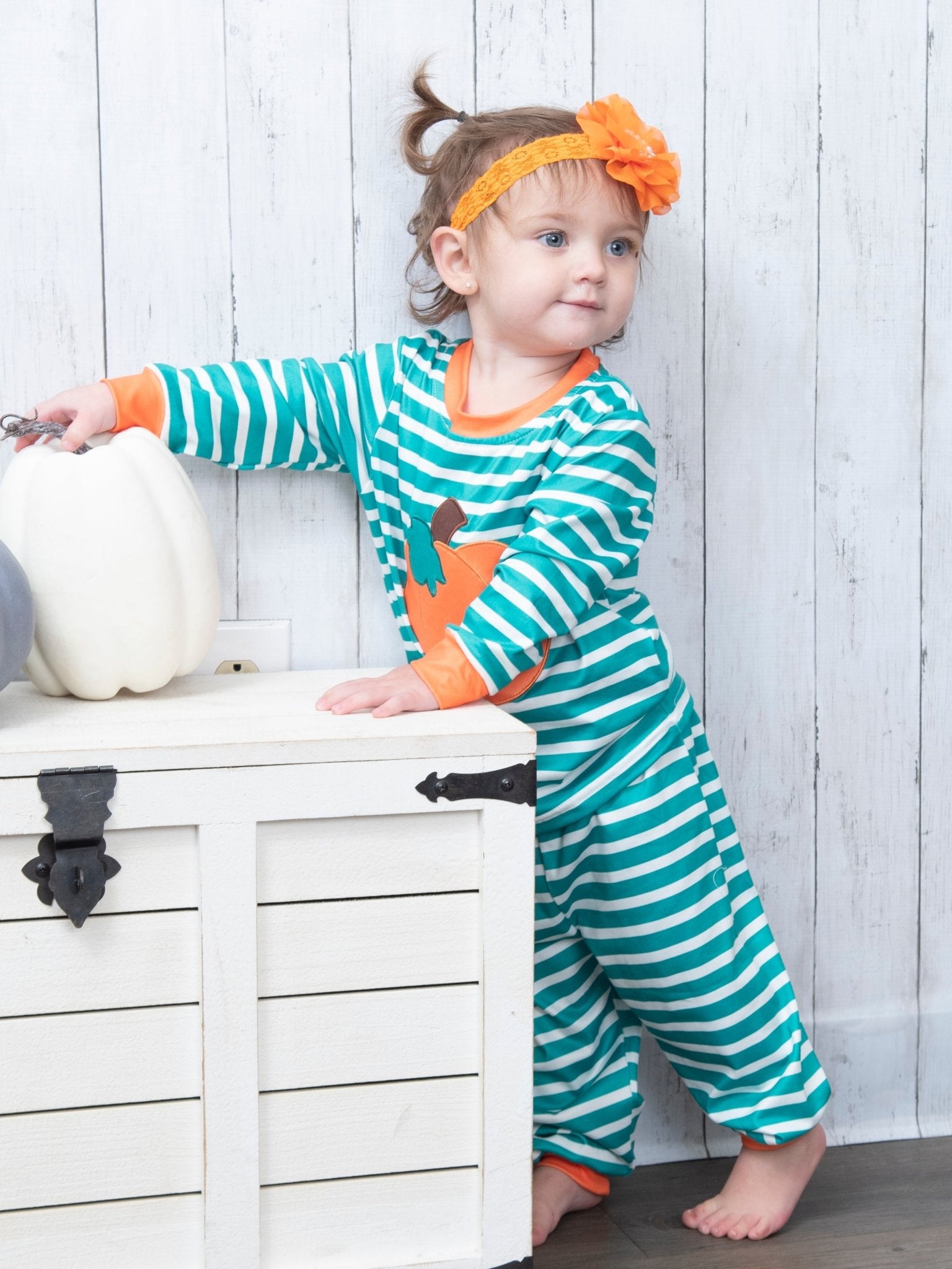 Teal Striped Pumpkin Pajamas - Marie Nicole Clothing