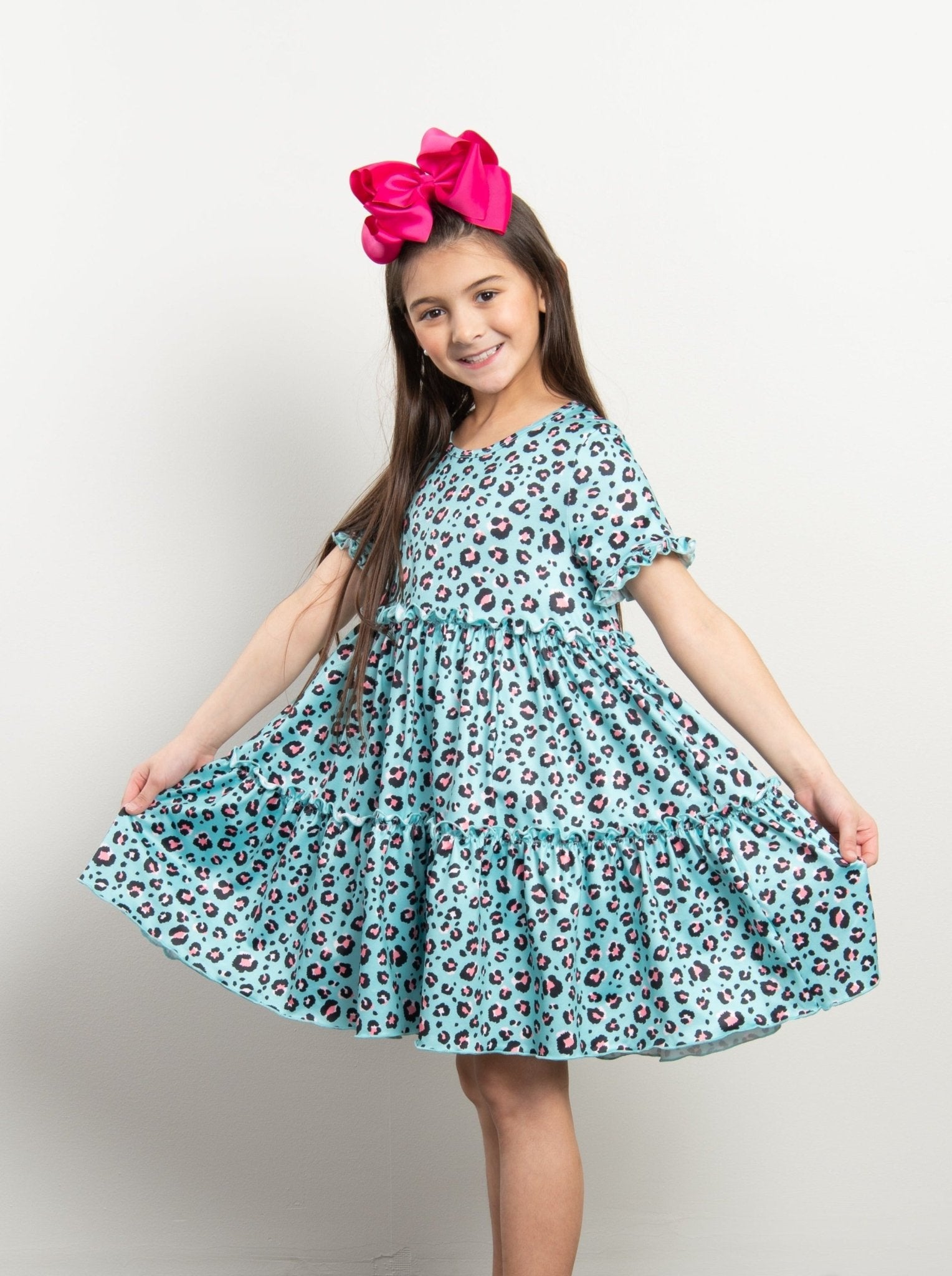 Turquoise Leopard Tiered Ruffle Dress - Marie Nicole Clothing