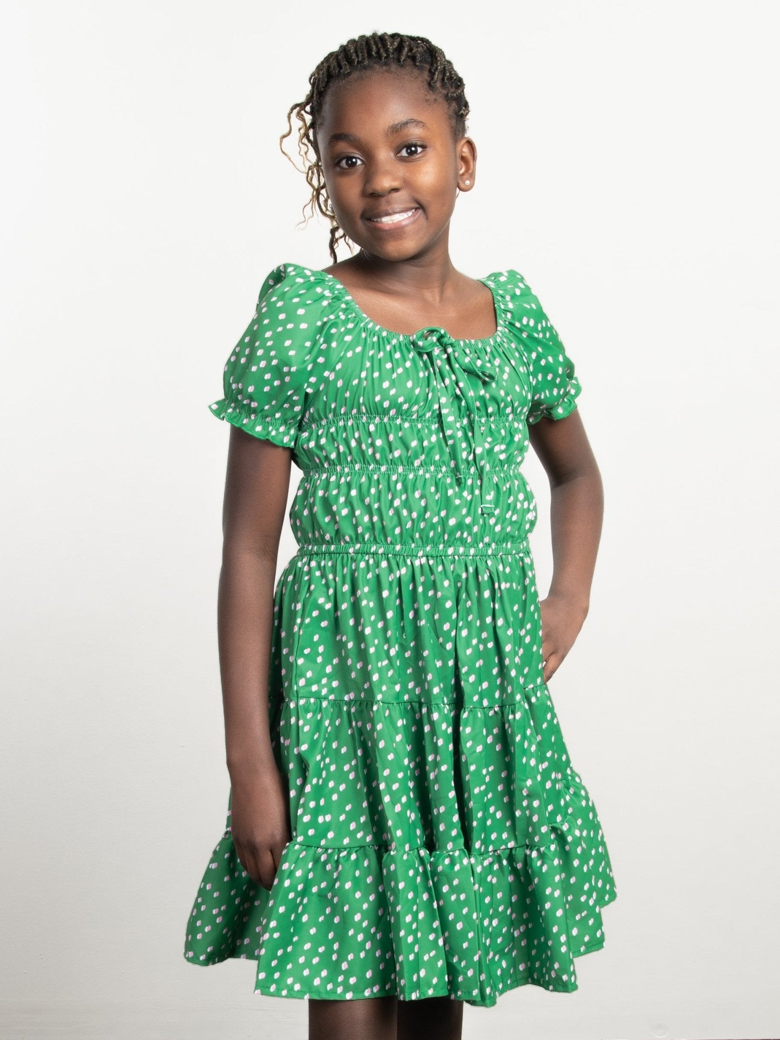 Green Smocked Floral Puff Sleeve Dress - Marie Nicole Clothing