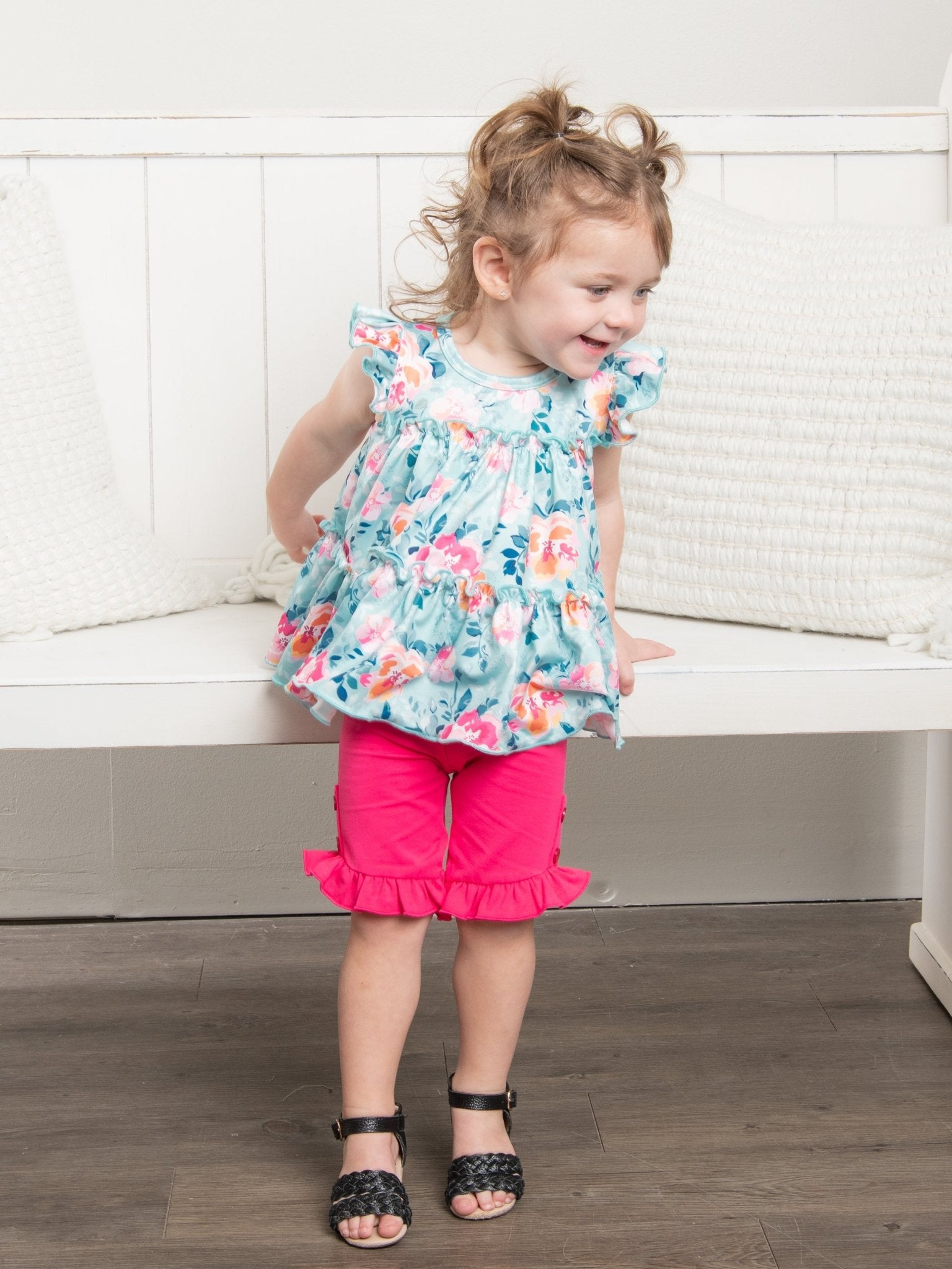 Cotton Button Ruffle Shorts - Hot Pink - Marie Nicole Clothing