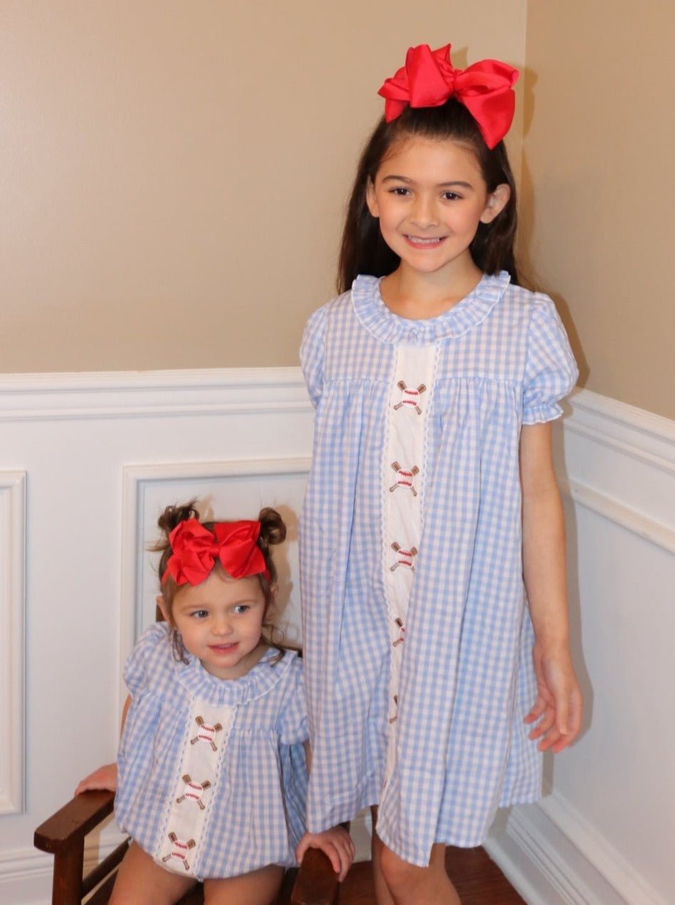 Blue Gingham Baseball Ruffle Bubble Romper - Marie Nicole Clothing