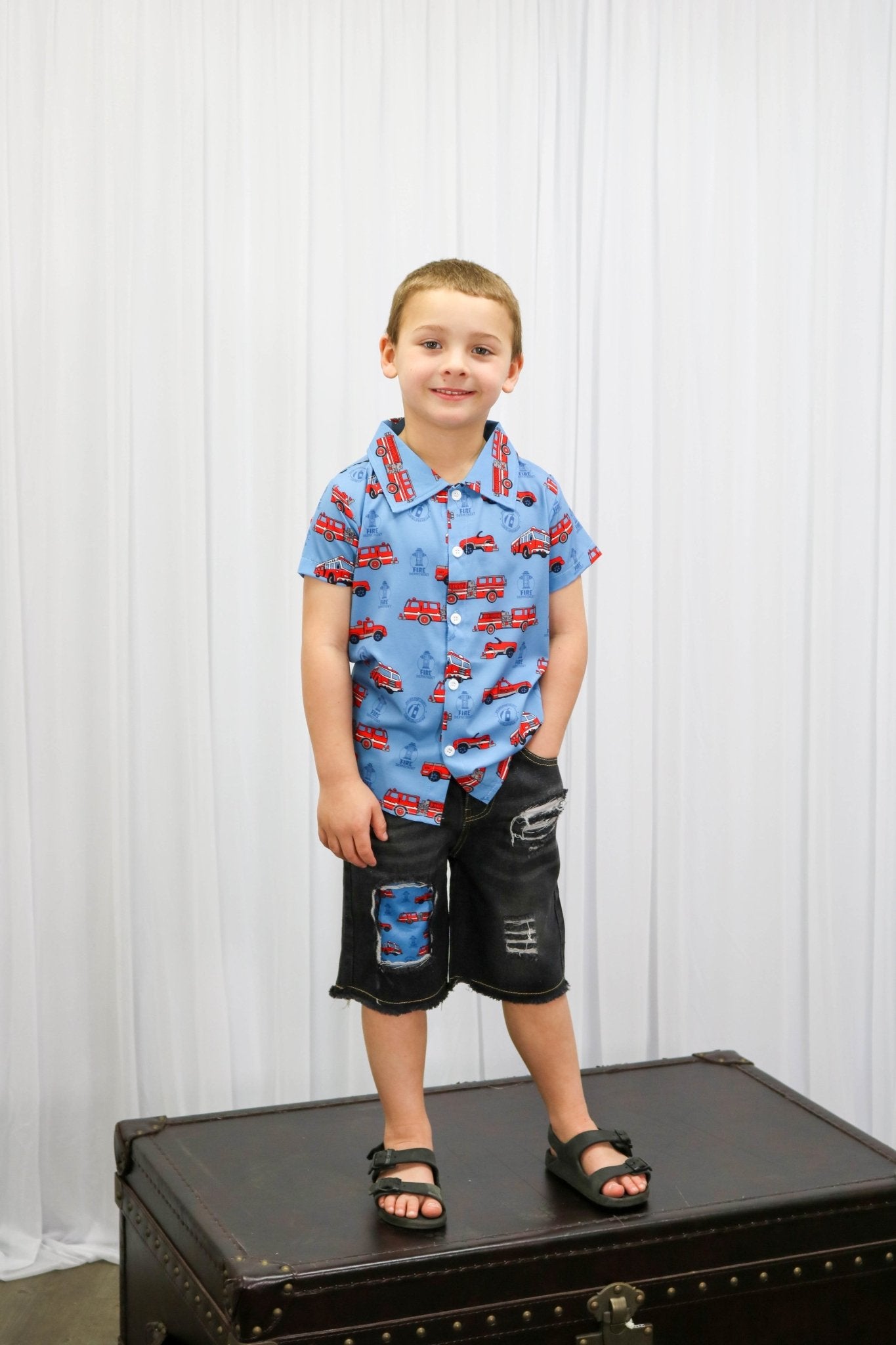 Fire Trucks Button Down & Denim Shorts Outfit - Marie Nicole Clothing