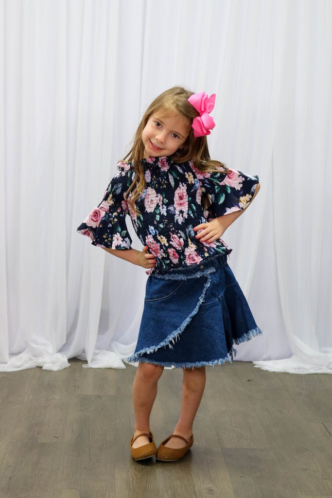 Floral Smocked Top & Denim Skirt Outfit - Marie Nicole Clothing