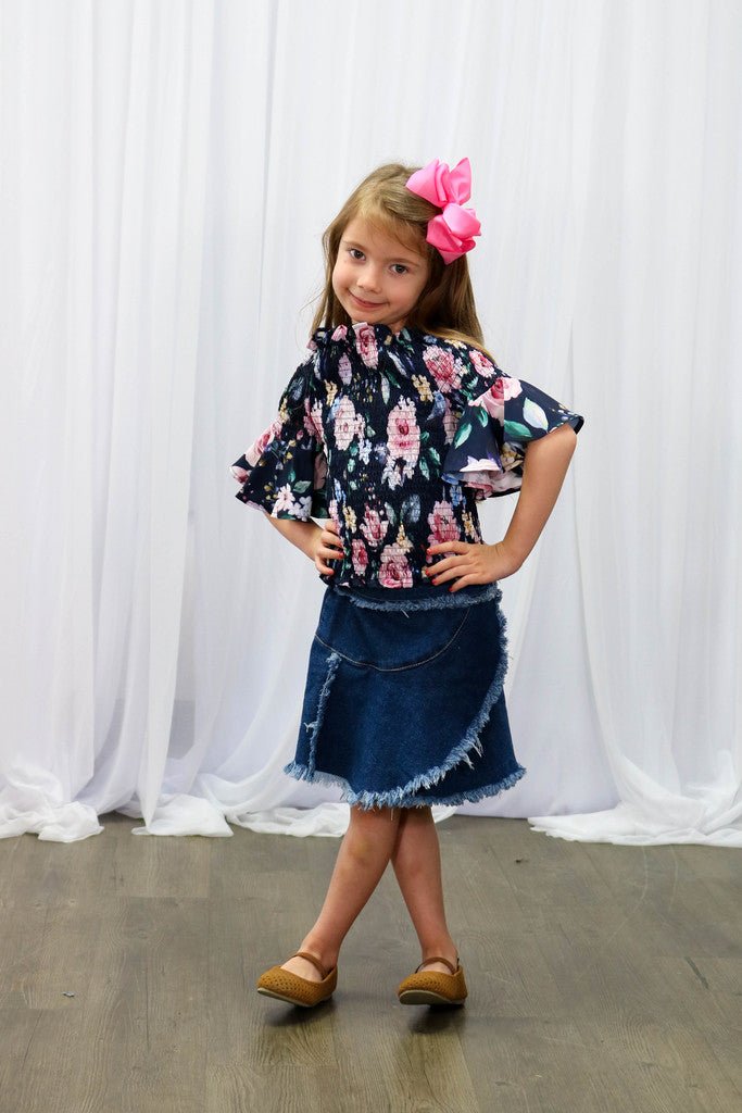 Floral Smocked Top & Denim Skirt Outfit - Marie Nicole Clothing