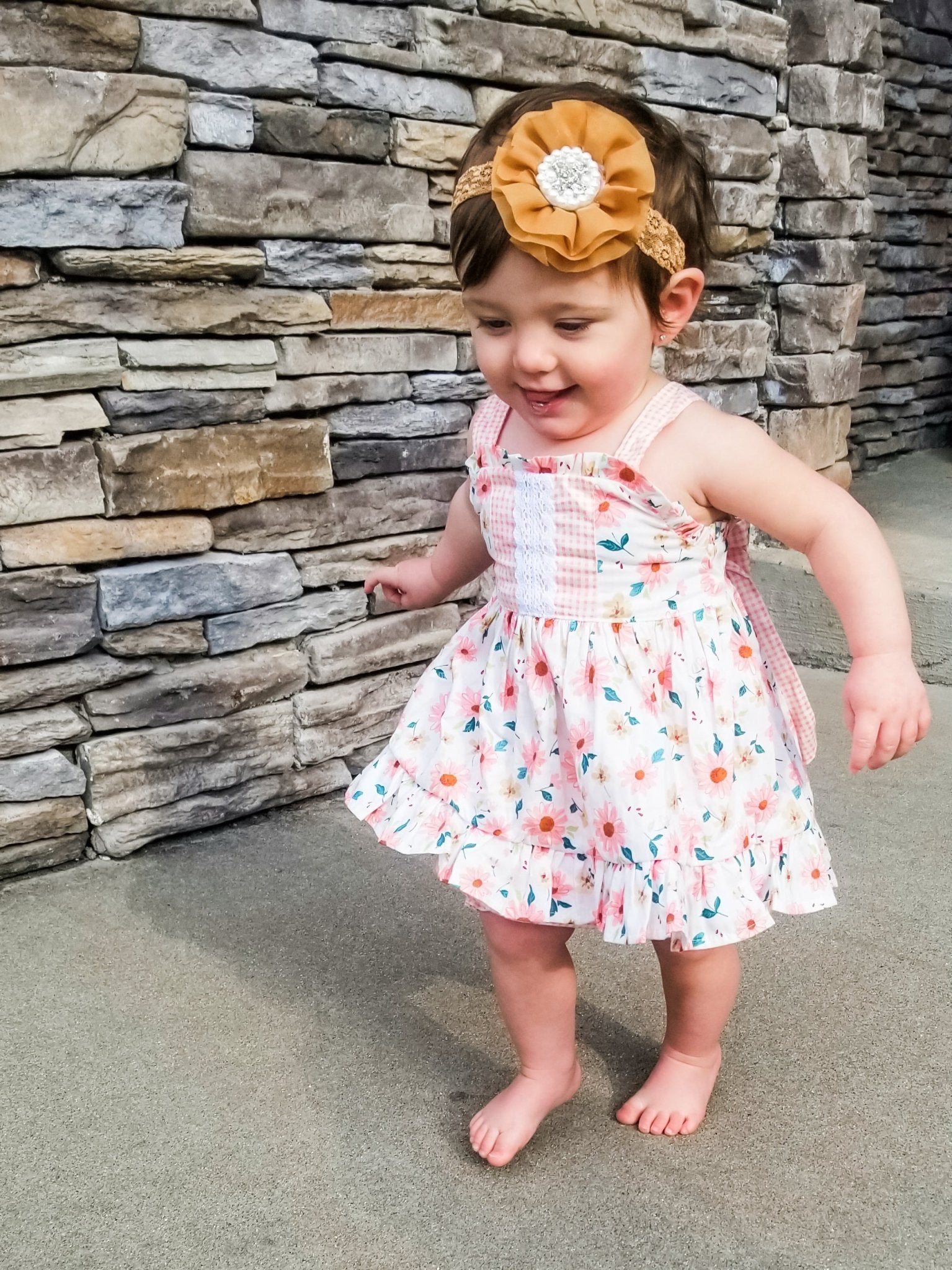 Pink Zinnia & Checked Open - Back Ruffle Bow Outfit - Marie Nicole Clothing