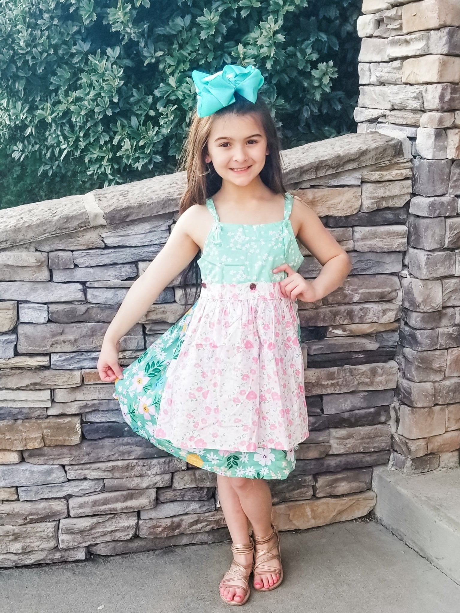 Green & Pink Floral Apron Dress - Marie Nicole Clothing