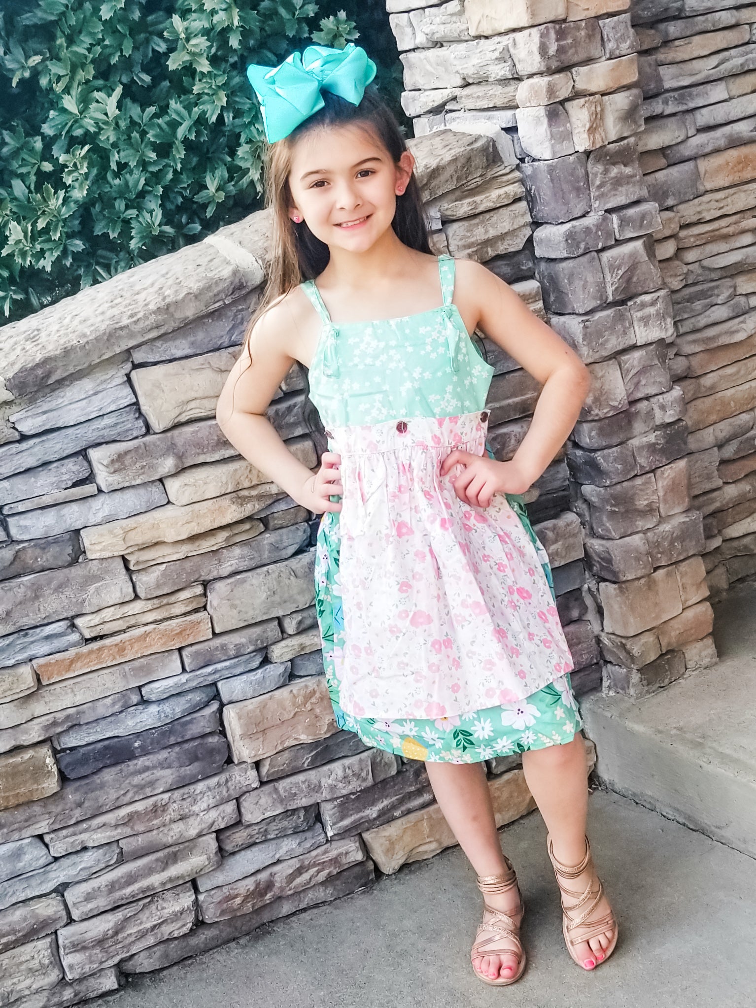 Green & Pink Floral Apron Dress - Marie Nicole Clothing