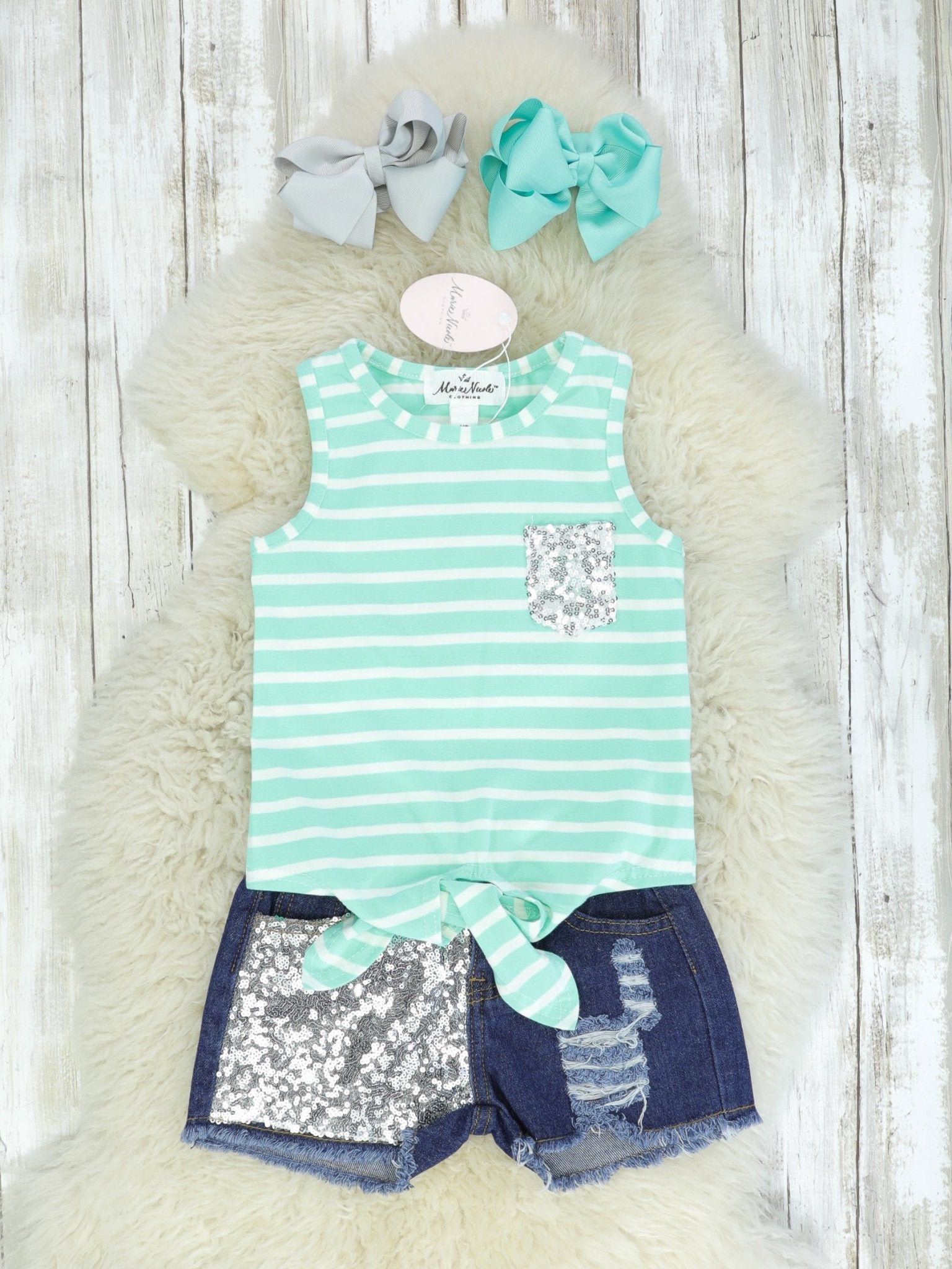 Silver Mint Knot Tank & Sequin Denim Outfit - Marie Nicole Clothing