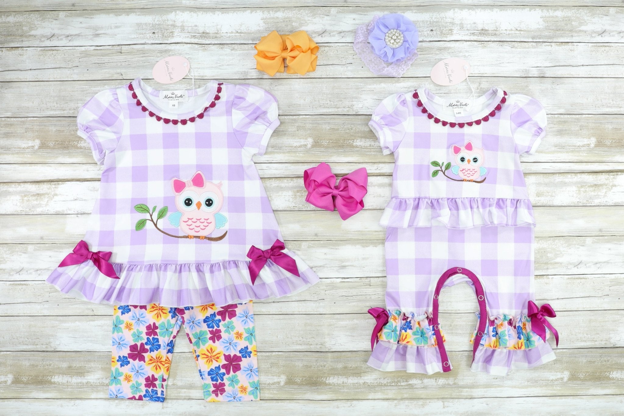 Purple Plaid Owl Ruffle Outfit - Marie Nicole Clothing