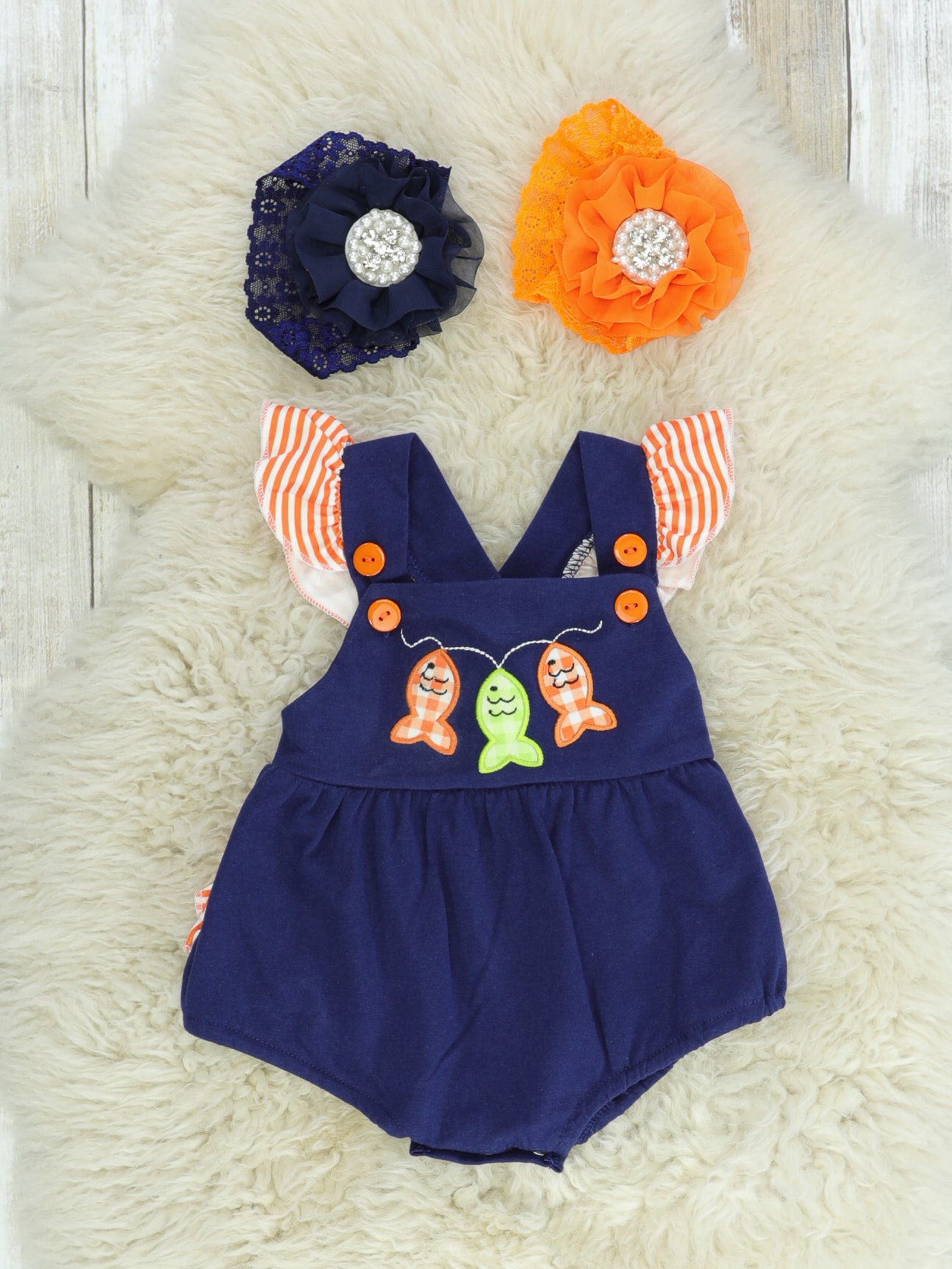 Blue & Orange Fishing Ruffle Romper - Marie Nicole Clothing