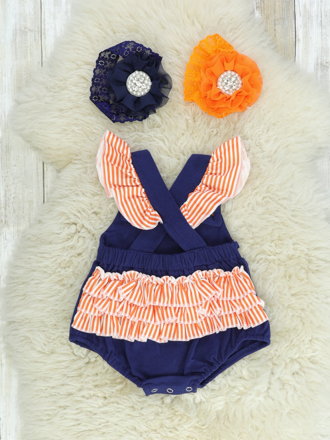 Blue & Orange Fishing Ruffle Romper - Marie Nicole Clothing