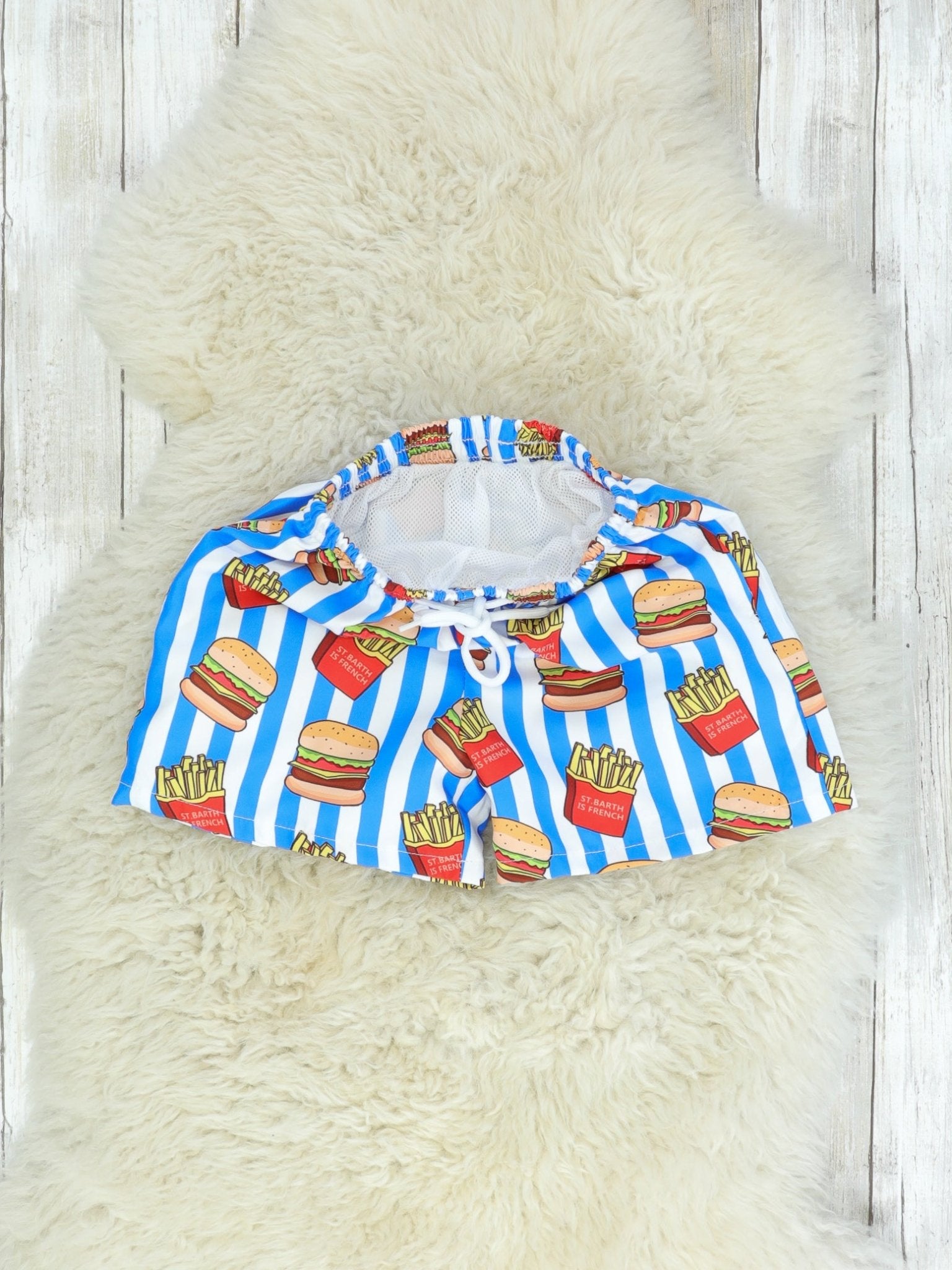 Burgers & Fries Pinstriped Swim Trunks - Marie Nicole Clothing